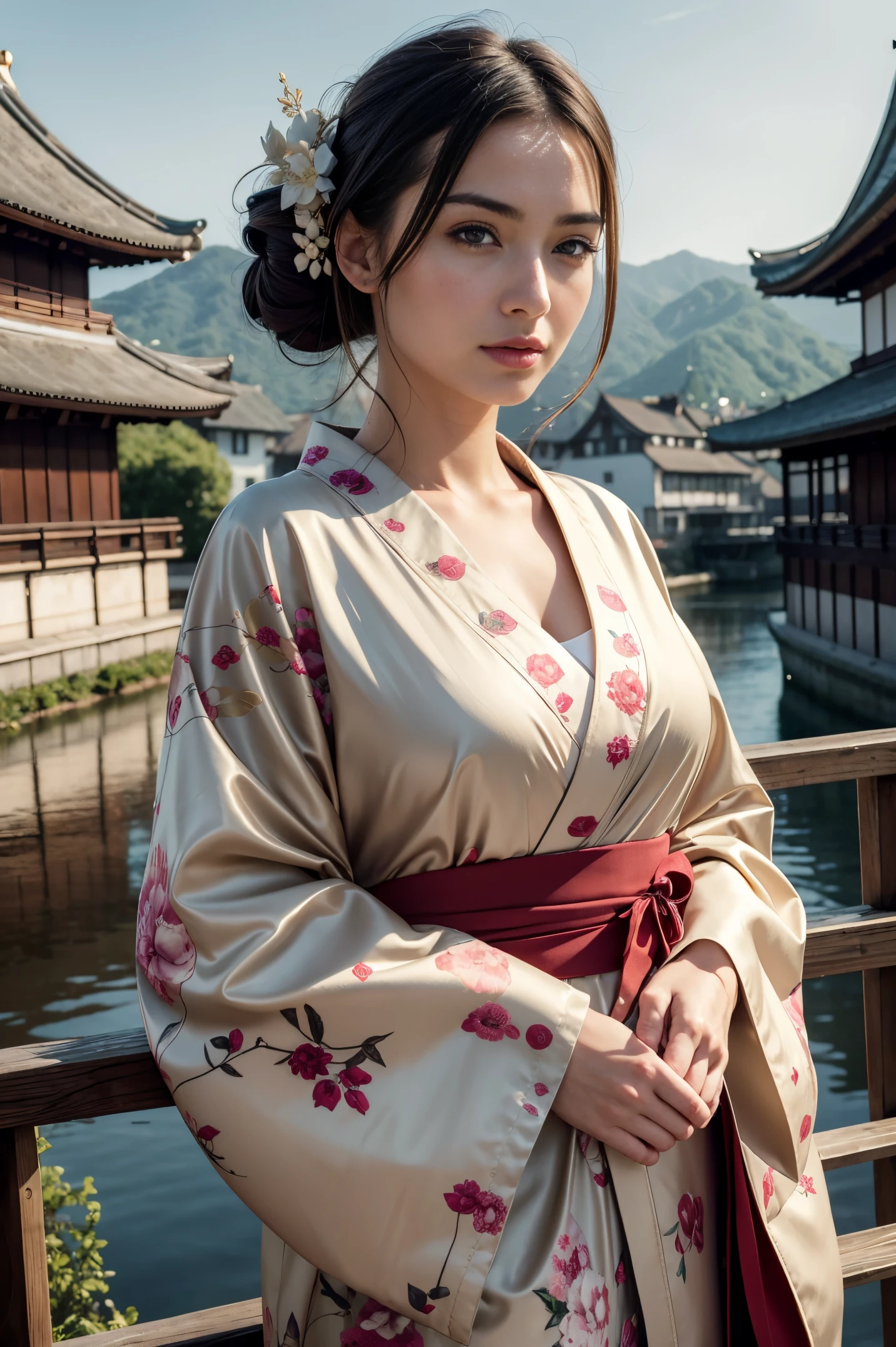 Best Quality, masterpiece, high resolution, (Photorealistic:1.4), Raw photo, 1 gorgeous european woman, Beauty in kimono with a crane pattern, gros-plan, Looking at Viewer, castle town, Upstyle, Hair Ornament,Beautiful photos,is beautiful,fullbody image,