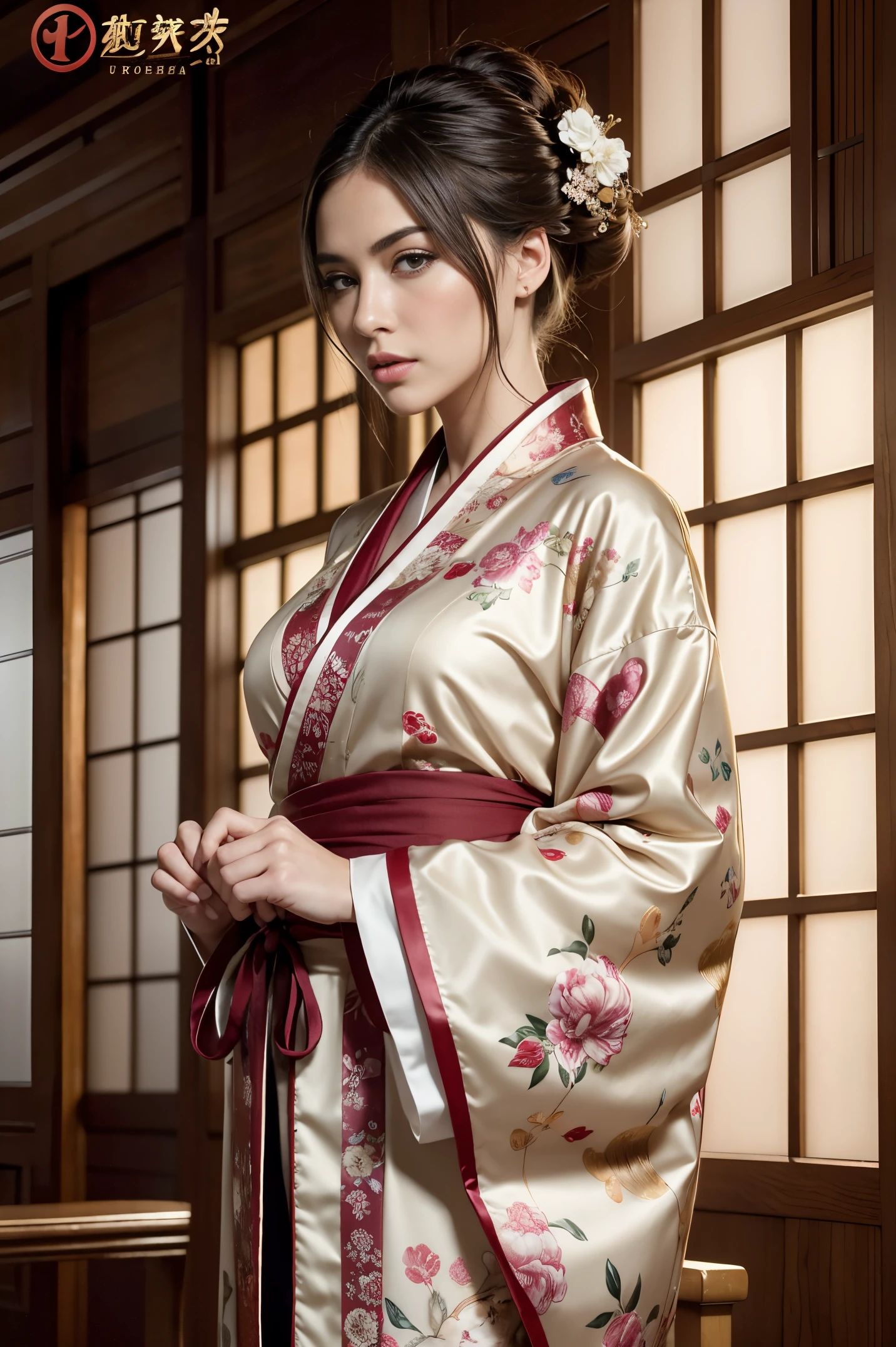Best Quality, masterpiece, high resolution, (Photorealistic:1.4), Raw photo, 1 gorgeous european woman, Beauty in kimono with a crane pattern, gros-plan, Looking at Viewer, castle town, Upstyle, Hair Ornament,Beautiful photos,is beautiful,fullbody image,