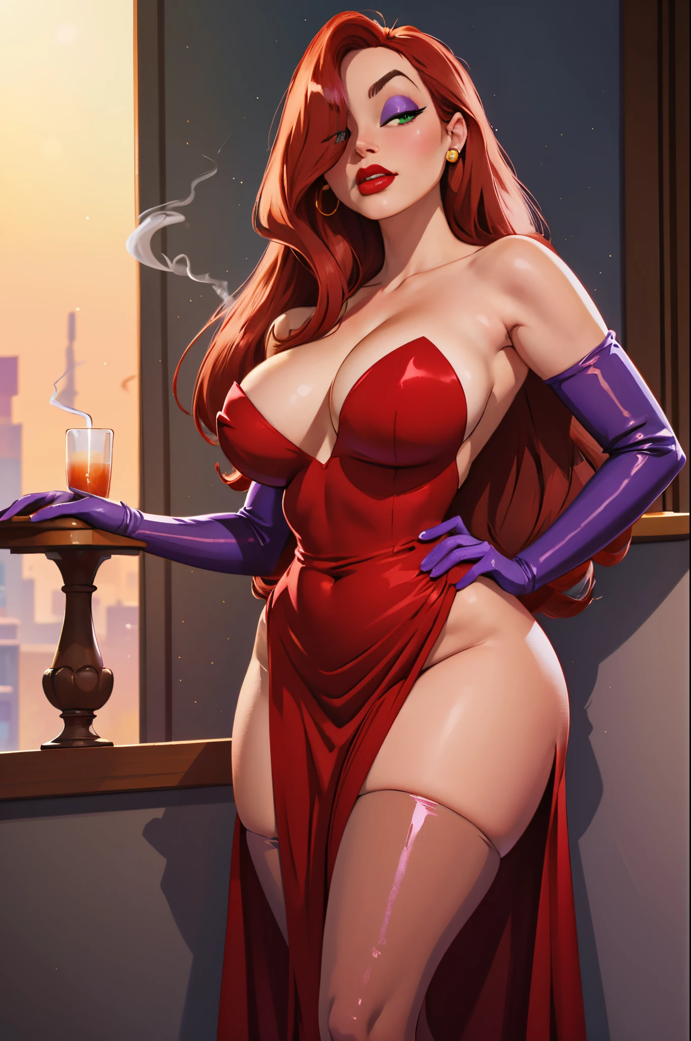 CARTOON_jessica_rabbit_aiwaifu,hair over one eye,red hair,narrow waist,elbow gloves,purple gloves,very long hair,big hair,tall female,toned,makeup,dress,lipstick,bare shoulders,large breasts,cleavage,red dress,strapless,eyeshadow,strapless dress,side slit,jewelry,earrings,green eyes,thighs,huge breasts,red lips,lips,curvy,thick thighs,long dress,cocktail dress,wide hips,pantyhose,thighhighs,collarbone,long legs,one eye covered,smoking,smoke,cigarette,official art,extremely detailed CG unity 8k wallpaper,perfect lighting,Colorful,Bright_Front_face_Lighting,shiny skin,(masterpiece:1),(best_quality:1),ultra high res,4K,ultra-detailed,photography,8K,HDR,highres,(absurdres:1.2),Kodak portra 400,film grain,blurry background,(bokeh:1.2),lens flare,(vibrant_color:1.2),professional photograph,(beautiful_face:1.5),CARTOON_jessica_rabbit_aiwaifu,