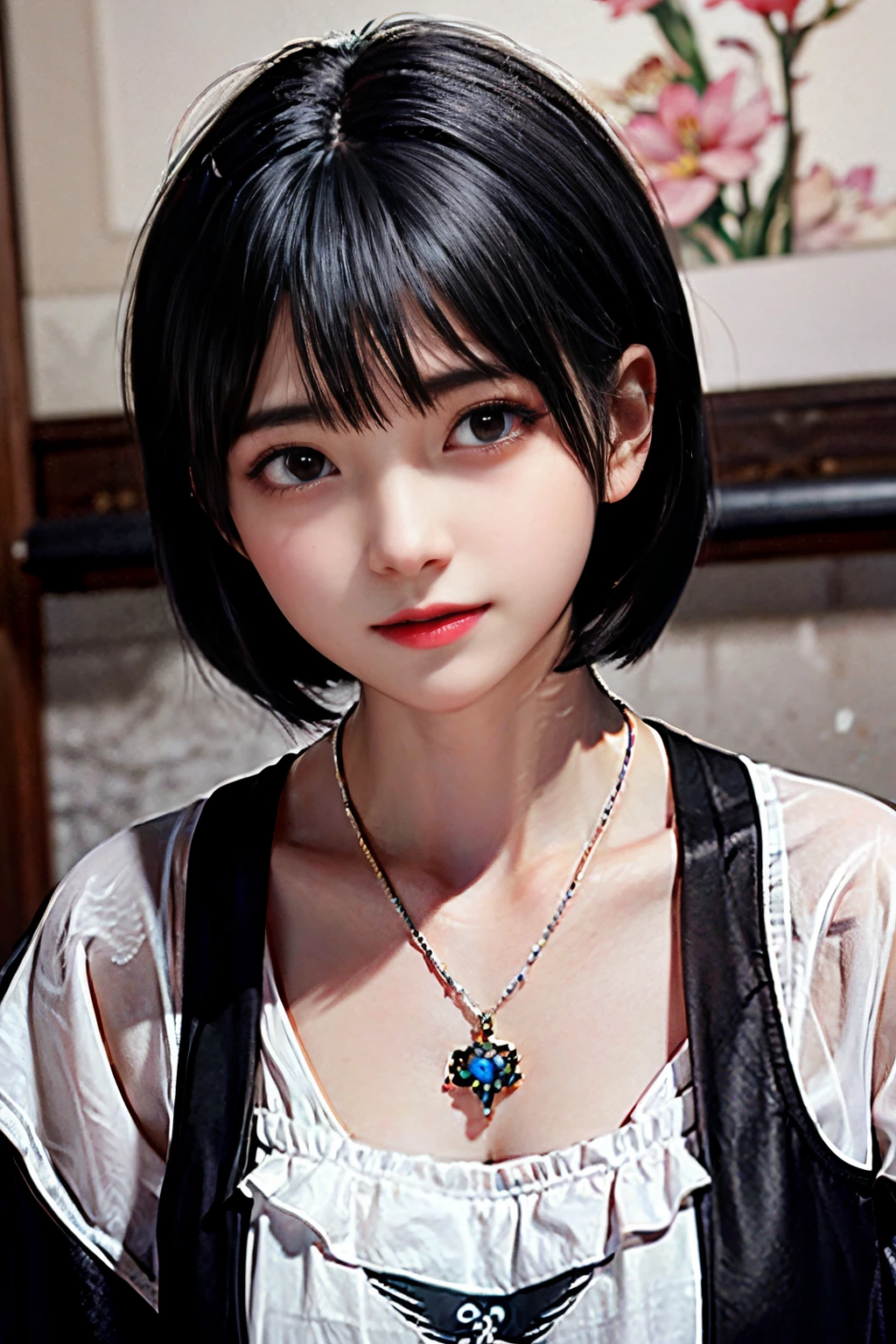 short hair girl,wearing a black swan necklace,White background with colorful oil painting,largeeyes,Wear a black shirt,Colorful flower petals are painted on the clothes..,A little angry,look at the camera inside the house