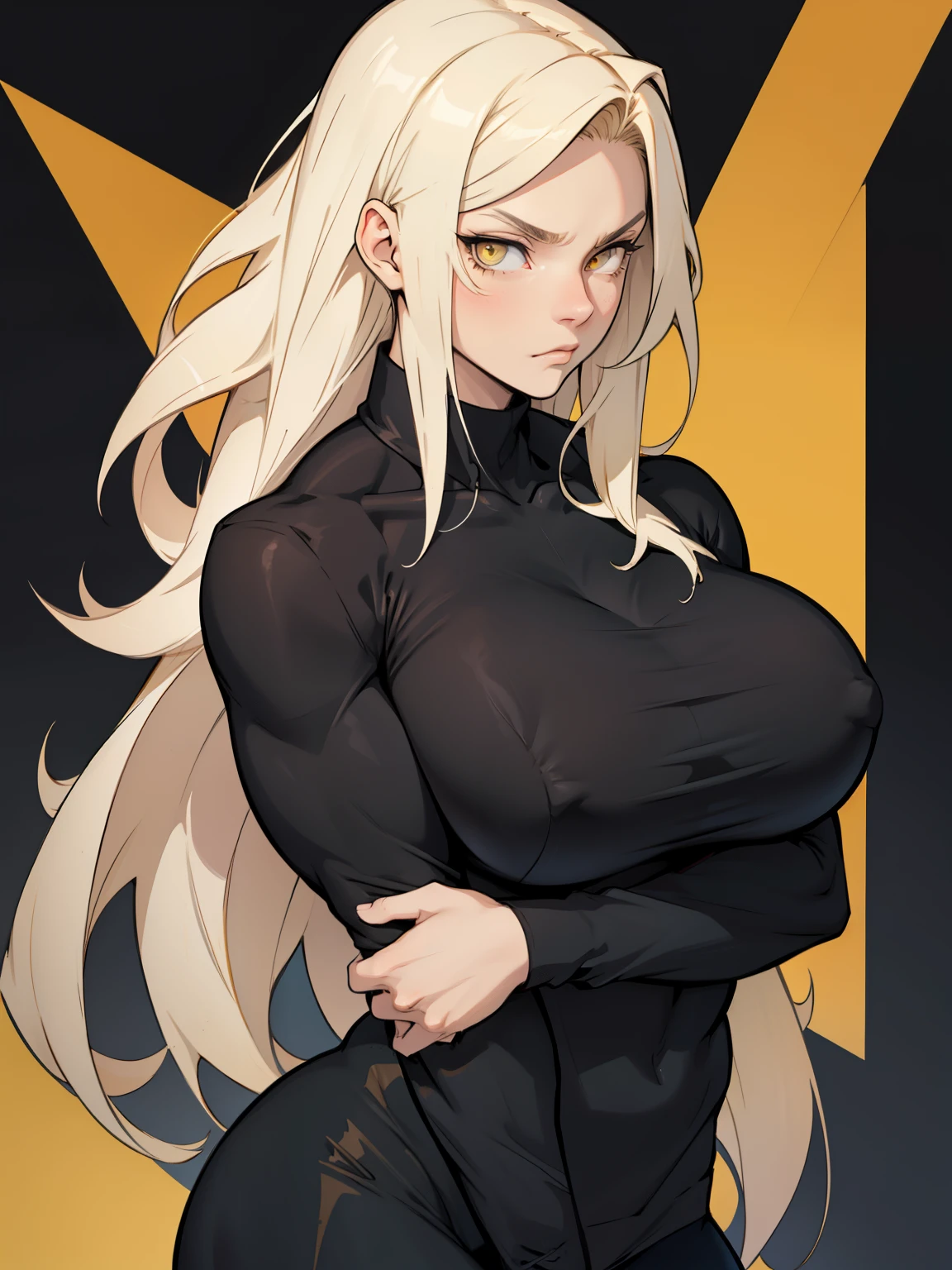 girl muscles huge breasts black long hair yellow eyes pale skin thick toned body muscular long sleeve tight shirt solo solo sad sad muscular muscular