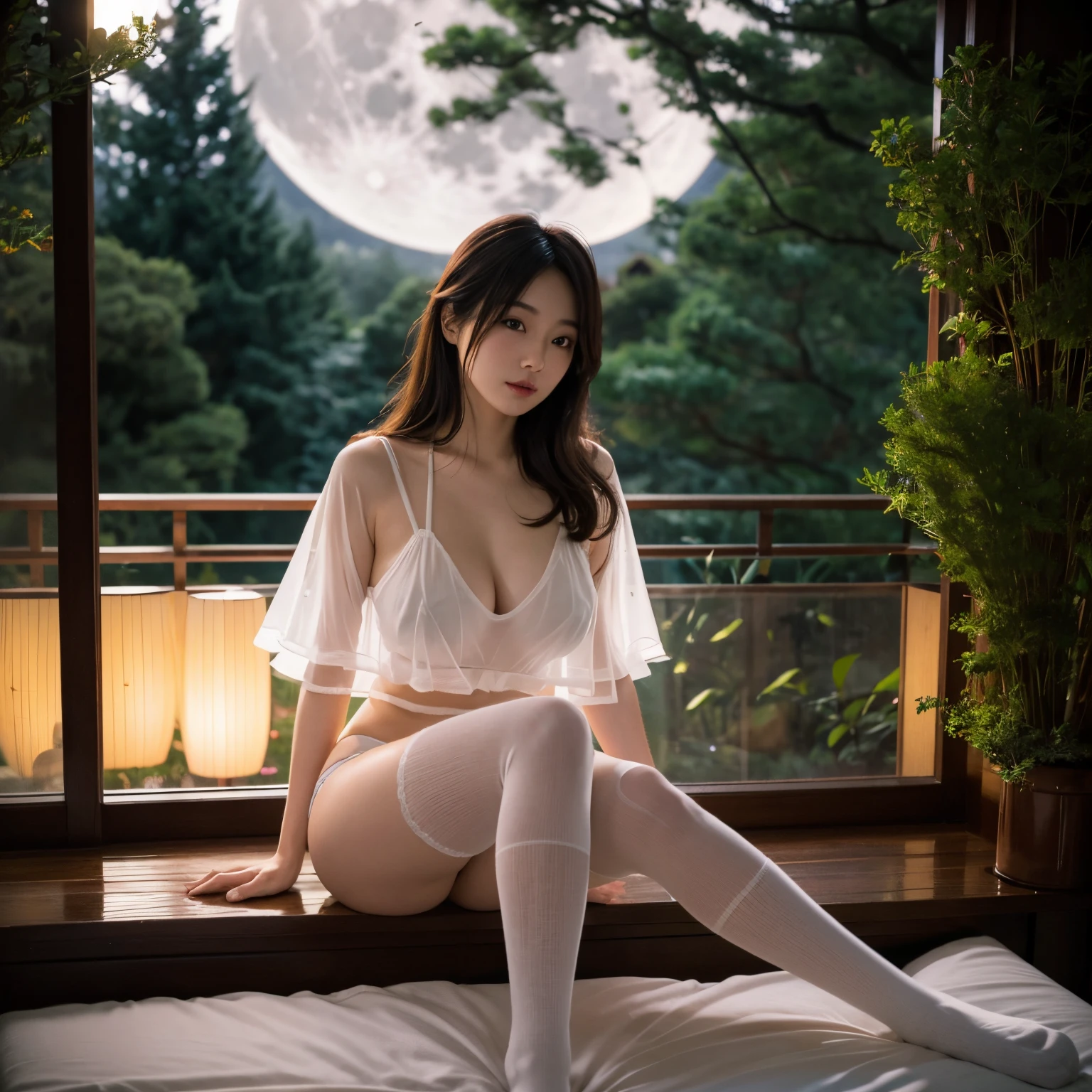 a beautiful woman wearing a sheer top, g-string panties, knee high socks, colossal breasts, full body. sexy pose. detailed face and eyes, japanese bedroom in tea garden, show full moon outside, photorealistic