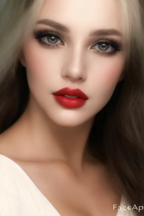 arafed woman with long hair and red lipstick posing for a picture, detailed face with red lips, light-red lips, wide golden eyes and red lips, red lips, faint red lips, sexy face with full makeup, sultry digital painting, beauty portrait, sexy red lips, big eyes and lips, photorealistic beautiful face, gorgeous face portrait