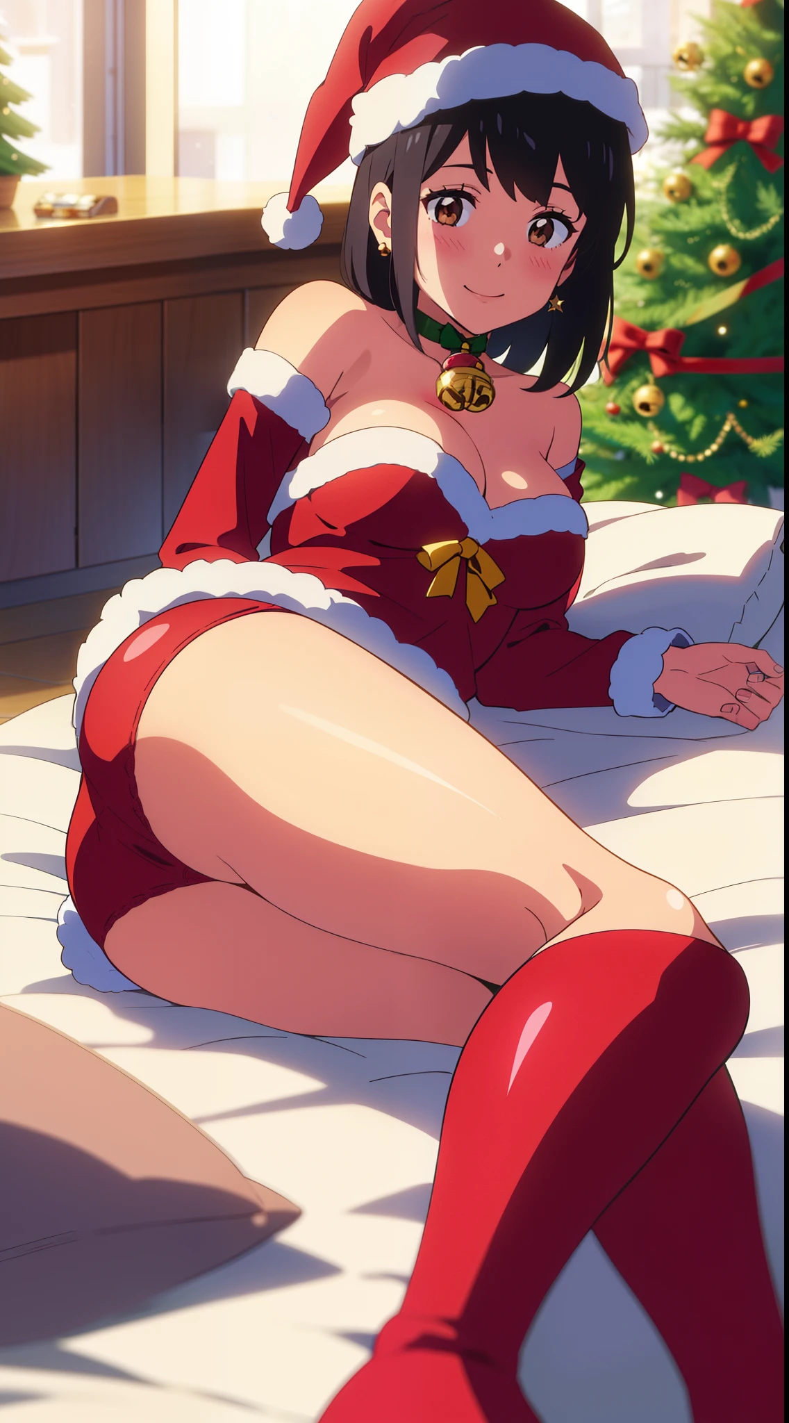 shinkai makoto, kimi no na wa., 1girl, bangs, black hair, blush, bright eyes, brown eyes, looking at the viewer, red bow, red headband, red ribbon, short hair, medium breasts, solo, indoors, night, shiny skin, smile, happy, beautiful, parfect anatomy, Santa Claus costume, Sweet face, Red and Green Christmas Dresses, jingle bell earrings, candy cane stockings, Against the background of winter scenery, perfect hands, Santa Claus hat, bed, bedroom, lying, relaxing, pillow, blanket, cushion, thigh, indoor, on side, on bed, white bra, panties