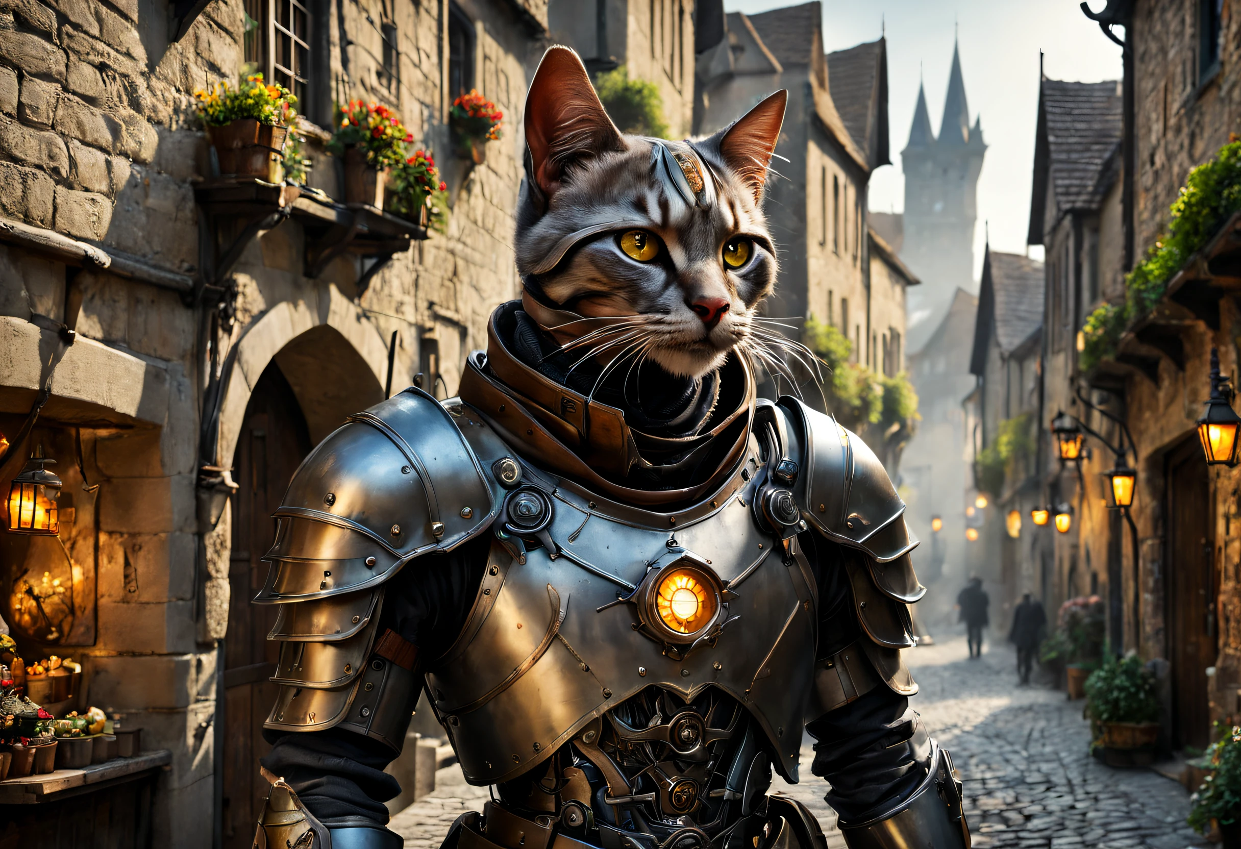 (best quality,4k,8k,highres,masterpiece:1.2),ultra-detailed,(realistic,photorealistic,photo-realistic:1.37),closeup of a cyborg in a medieval village,metallic skin,glowing eyes,robotic limbs,meticulously crafted face,cybernetic enhancements,steampunk aesthetic,ancient cobblestone streets,medieval architecture,iron gates,towering castles,hazy sunlight,shadowy alleyways,market stalls bustling with activity,vibrant tapestries and banners,smoky chimneys,curved swords and shields,mead and ale in wooden mugs,planters filled with colorful flowers,stray cats and dogs roaming the streets,curious onlookers in medieval attire,enchanted atmosphere,rich color palette with warm earth tones,subtle light streaks and lens flares,soft and diffused lighting,creating a sense of mystery and intrigue
