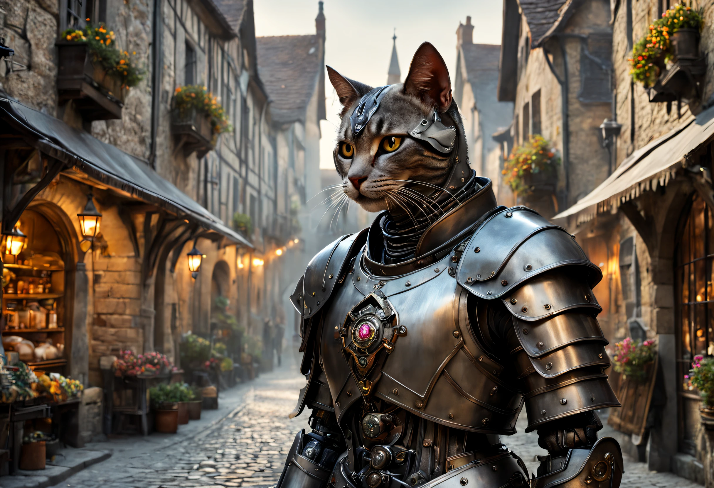 (best quality,4k,8k,highres,masterpiece:1.2),ultra-detailed,(realistic,photorealistic,photo-realistic:1.37),closeup of a cyborg in a medieval village,metallic skin,glowing eyes,robotic limbs,meticulously crafted face,cybernetic enhancements,steampunk aesthetic,ancient cobblestone streets,medieval architecture,iron gates,towering castles,hazy sunlight,shadowy alleyways,market stalls bustling with activity,vibrant tapestries and banners,smoky chimneys,curved swords and shields,mead and ale in wooden mugs,planters filled with colorful flowers,stray cats and dogs roaming the streets,curious onlookers in medieval attire,enchanted atmosphere,rich color palette with warm earth tones,subtle light streaks and lens flares,soft and diffused lighting,creating a sense of mystery and intrigue
