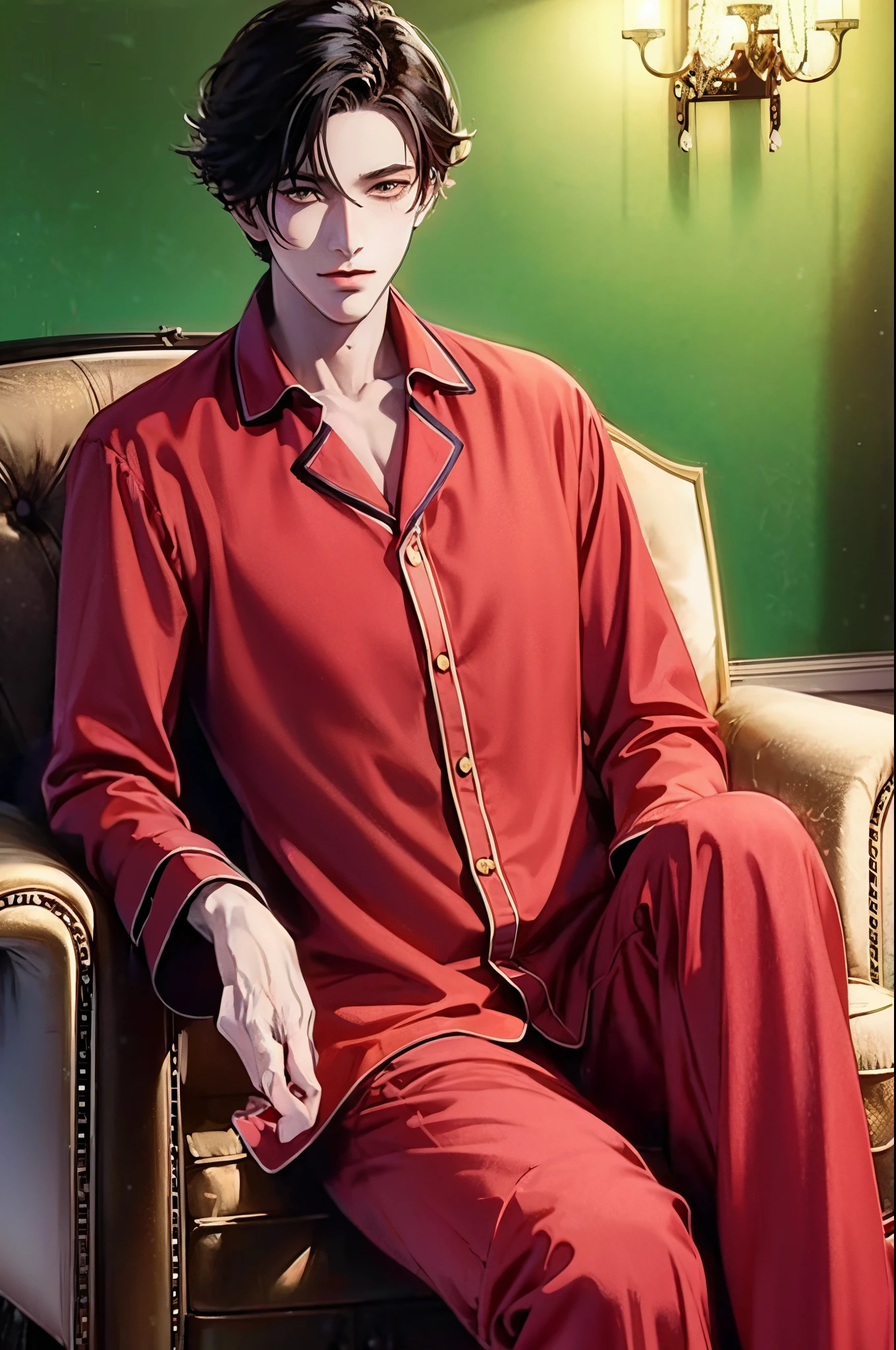 anime handsome man, plush sofa, Christmas pajamas
