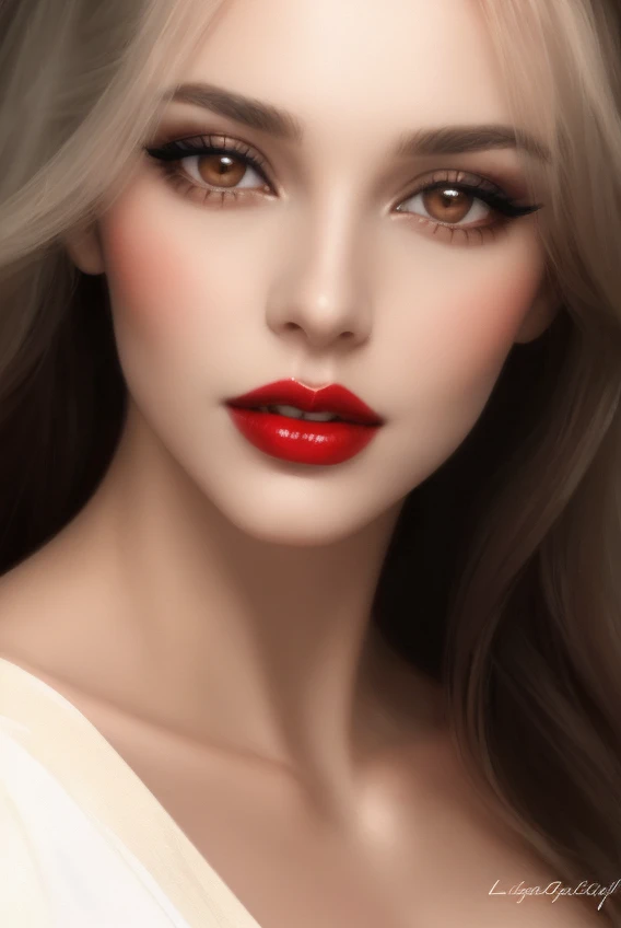 arafed woman with long hair and red lipstick posing for a picture, detailed face with red lips, light-red lips, wide golden eyes and red lips, red lips, faint red lips, sexy face with full makeup, sultry digital painting, beauty portrait, sexy red lips, big eyes and lips, photorealistic beautiful face, gorgeous face portrait