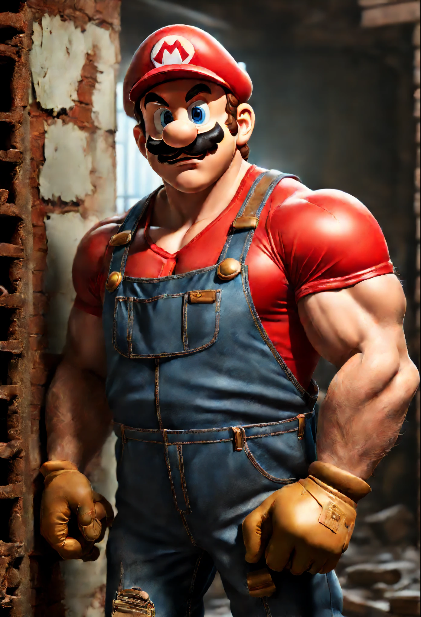 (master part,best quality,ultra-detalhado,Realistic:1.37),corpo muscular,not shirt,angry expression,Super Mario Character,ambiente de esgoto,canos de esgoto curvos,texturas arenosas, Ambiente,low lighting,Shadows Dramatic,emphasize veins and muscles,strongly defined facial features,red plumber cap,bigode grande,brown hair,olhos verdes,ripped jeans,Botas,barras de ferro nas paredes,rusty and dirty surfaces,paleta de cores escuras,humidade,tonalidade esverdeada,reflection of light on wet surfaces