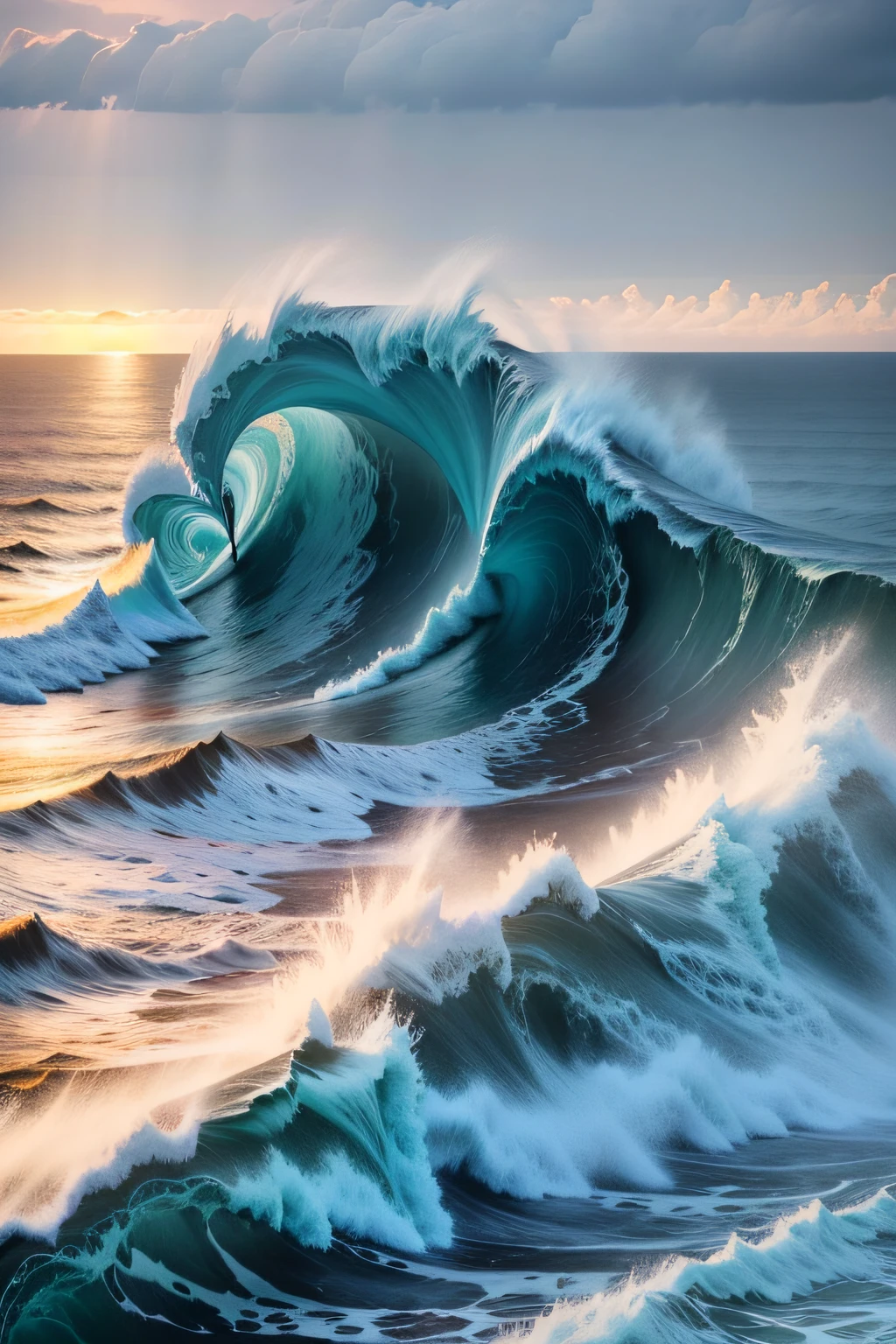 foto tomada desde un faro, Puedes ver el faro y grandes olas al fondo., waves bigger than the lighthouse, Nazaré waves, olas rompiendo con mucha espuma, The sky is dark, rayos de tormenta en el fondo