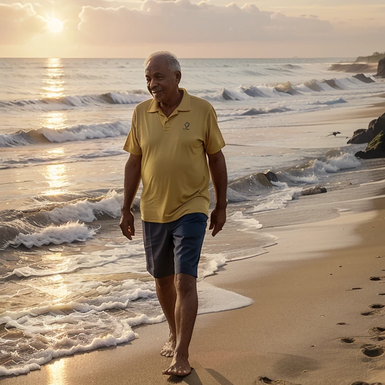60-year-old man,walking along the beach with a beautiful sea background on a sunset with the sun setting with yellow tones that makes your face look happy and relaxed.