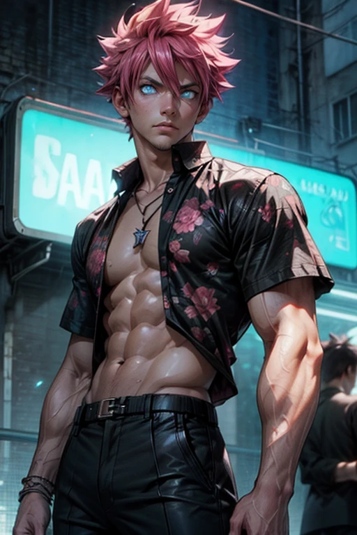 Outdoors, Natsu Dragneel as a mature male, wearing black and white floral shirt unbuttoned, wearing black dress pants, blue eyes, glowing eyes, short hair, grey skin, club environment, night, blue neon signs, 8k, Unreal engine, highly detailed, photorealistic, fiery pink hair, Natsu Dragneel male character muscular buff body with necklace