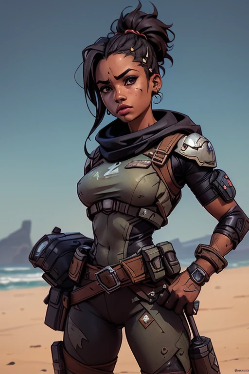 (((sfw, roupas rasgadas, pele escura))), (((sfw, scientific fiction, pele escura, desenho de linha, aquarela))), with first person view high definition character art, personagem negra, cabelo preto preso, caminhando totalmente nua por um deserto futurista, arte estilo jogo borderlands, Esta imagem de alta qualidade, renderizada em 8K Ultra HD, mostra detalhes intrincados da cena. obra-prima aprimorada digitalmente ou pintada com requinte, scientific fiction, postura ativa, estilo de quadrinhos, ((sfw post apocalyptic fashion))