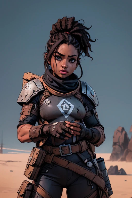 (((sfw, roupas rasgadas, pele escura))), (((sfw, scientific fiction, pele escura, desenho de linha, aquarela))), with first person view high definition character art, personagem negra, cabelo preto preso, caminhando totalmente nua por um deserto futurista, arte estilo jogo borderlands, Esta imagem de alta qualidade, renderizada em 8K Ultra HD, mostra detalhes intrincados da cena. obra-prima aprimorada digitalmente ou pintada com requinte, scientific fiction, postura ativa, estilo de quadrinhos, ((sfw post apocalyptic fashion))