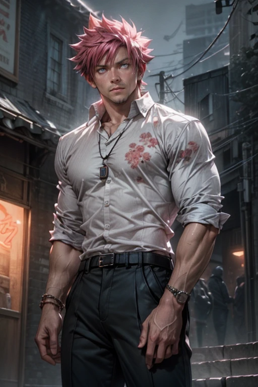 Outdoors, Natsu Dragneel as a mature male, wearing black and white floral shirt unbuttoned, wearing black dress pants, blue eyes, glowing eyes, short hair, grey skin, club environment, night, blue neon signs, 8k, Unreal engine, highly detailed, photorealistic, fiery pink hair, Natsu Dragneel male character muscular buff body with necklace