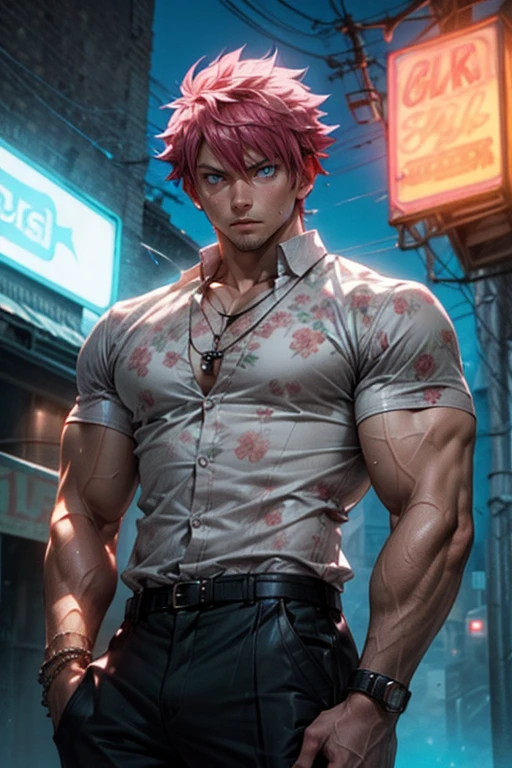 Outdoors, Natsu Dragneel as a mature male, wearing black and white floral shirt unbuttoned, wearing black dress pants, blue eyes, glowing eyes, short hair, grey skin, club environment, night, blue neon signs, 8k, Unreal engine, highly detailed, photorealistic, fiery pink hair, Natsu Dragneel male character ((muscular buff)) body with necklace