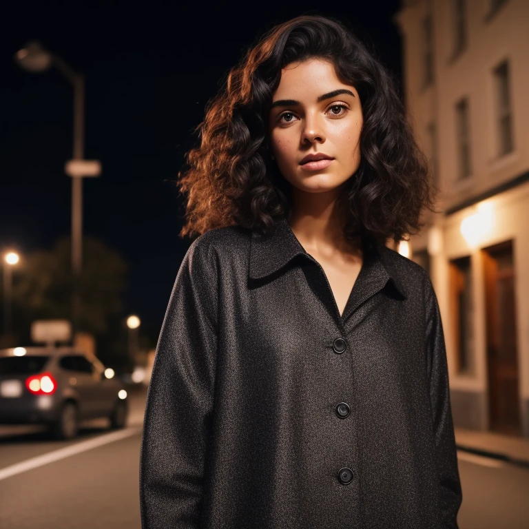 rough skin, no makeup, dark hair, outside, street, midnight
