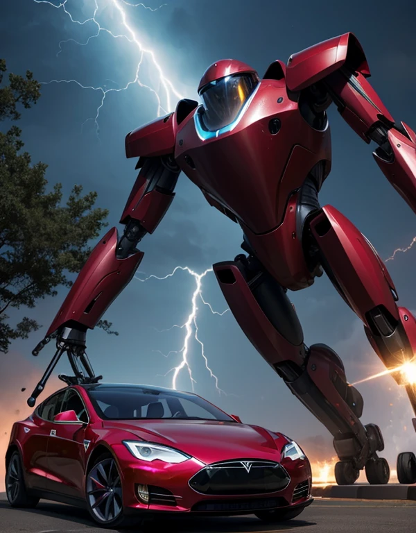 Elon Musk is playing with Robots, a vibrant background having thunder and Tesla sign