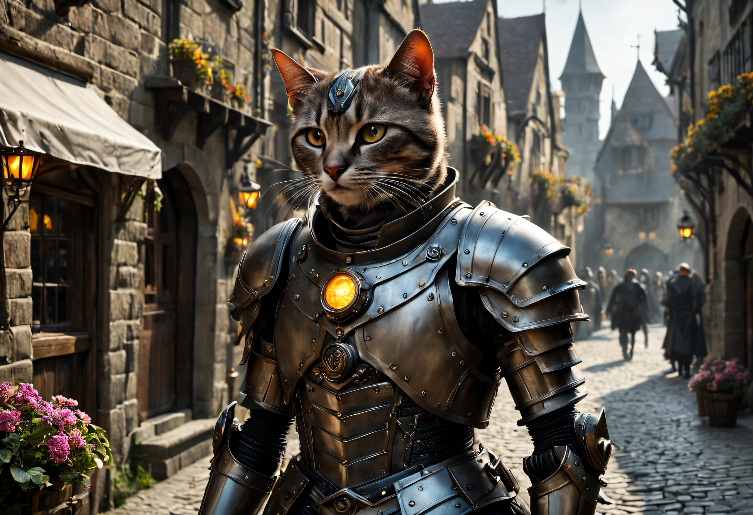 best quality,ultra-detailed,realistic,cyborgs:1.1,medieval town,group of cyborgs,mixture of human and machine,exoskeleton:1.1,advanced technology:dystopian,ancient architecture,stone paved streets,narrow alleyways,gothic buildings,wooden beams and carvings,iron wrought fences,lush greenery,medieval market stalls,bustling crowd,flickering torches,dark and moody lighting,ominous atmosphere,mechanical limbs and enhancements,illuminated cybernetic eyes,powerful exoskeletons,cyberpunk aesthetics,steam rising from vents and machines,gritty and worn textures,threatening presence,blurring the line between man and machine,imposing and towering structures,medieval banners and flags flapping in the wind,uneasy coexistence of the past and the future,ambient sounds of clanking metal,mysterious energy pulses,echoing footsteps,cityscape with towering walls,mechanical noises coming from the cyborgs,clattering armor,strong and confident stride,overcast sky casting dark shadows,imminent conflict and tension,mystical elements subtly intertwined with technological advancements