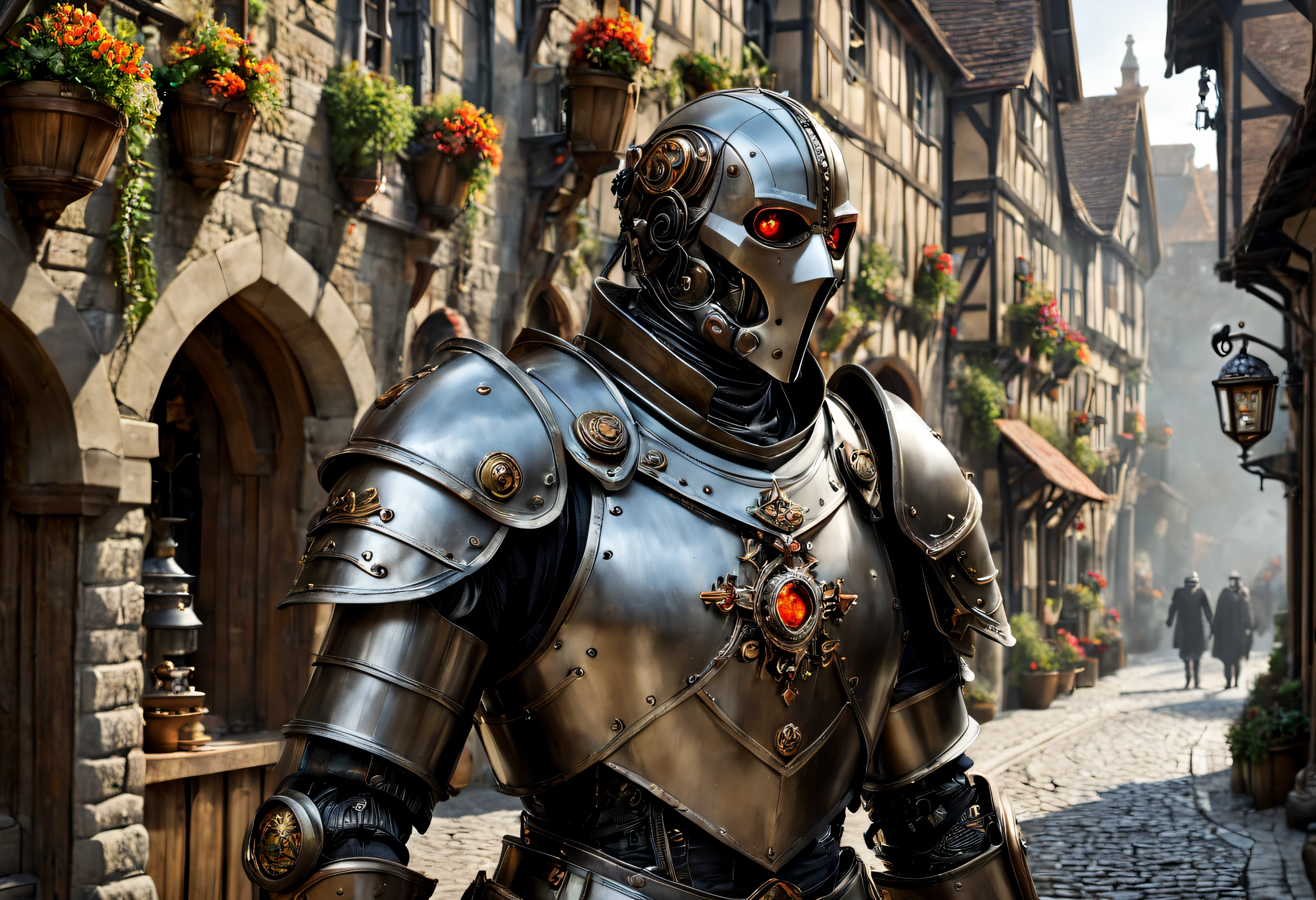 (best quality, 4k, 8k, high resolution, masterpiece: 1.2), ultra-detailed, (realistic, photorealistic, photorealistic: 1.37), close-up of a cyborg in a medieval village, metallic skin, glowing eyes, robotic limbs, meticulously facialized elaborate, cybernetic upgrades, steampunk aesthetics, ancient cobblestone streets, medieval architecture, iron gates, towering castles, misty sunlight, shadowy alleys, bustling market stalls, vibrant tapestries and banners, smoking chimneys, curved swords and shields, mead and beer in wooden cups, flower pots filled with colorful flowers, curious people in medieval outfits, enchanted atmosphere, rich color palette with warm earth tones, subtle streaks of light and lens flares, soft diffuse lighting, creating a feeling of mystery and intrigue