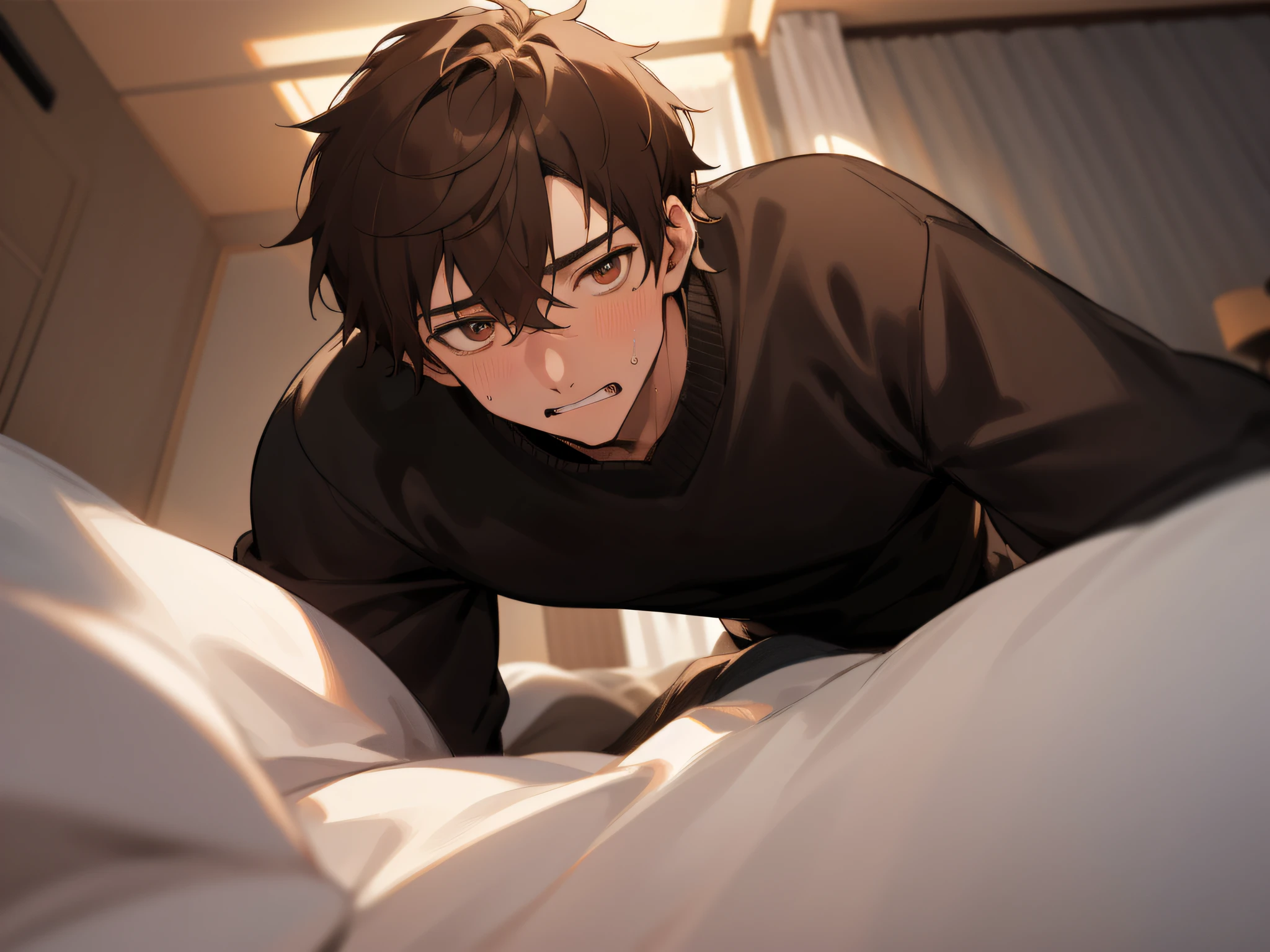 （close up）,matured male,sharp nose,26 year old,1 male,Guy,Adults,Angle from below,Push your audience down,Brown hair、Black sweater,eyes are brown,Sweating,Impatient expression,Background Hotel,a bed,