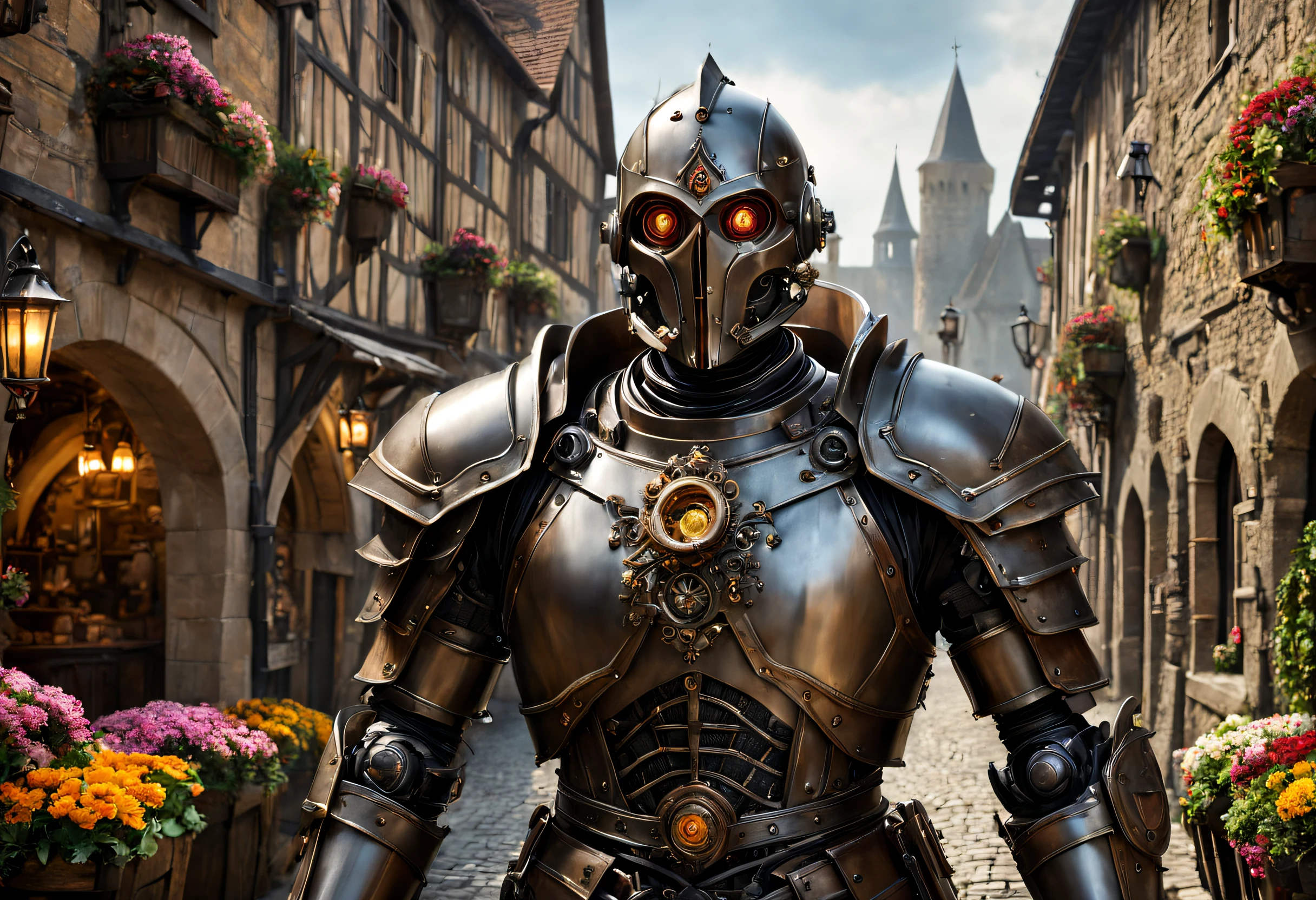 best quality,ultra-detailed,realistic,cyborgs:1.1,medieval town,group of cyborgs,mixture of human and machine,exoskeleton:1.1,advanced technology:dystopian,ancient architecture,stone paved streets,narrow alleyways,gothic buildings,wooden beams and carvings,iron wrought fences,lush greenery,medieval market stalls,bustling crowd,flickering torches,dark and moody lighting,ominous atmosphere,mechanical limbs and enhancements,illuminated cybernetic eyes,powerful exoskeletons,cyberpunk aesthetics,steam rising from vents and machines,gritty and worn textures,threatening presence,blurring the line between man and machine,imposing and towering structures,medieval banners and flags flapping in the wind,uneasy coexistence of the past and the future,ambient sounds of clanking metal,mysterious energy pulses,echoing footsteps,cityscape with towering walls,mechanical noises coming from the cyborgs,clattering armor,strong and confident stride,overcast sky casting dark shadows,imminent conflict and tension,mystical elements subtly intertwined with technological advancements