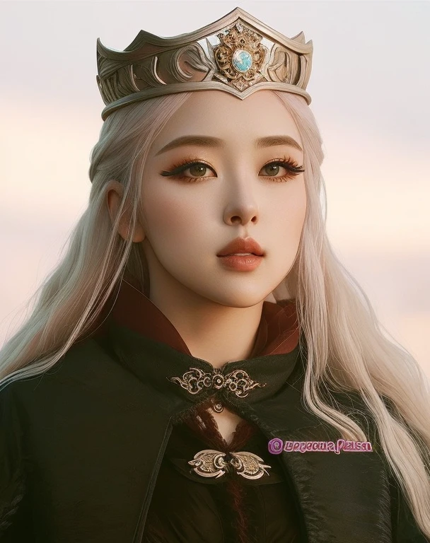 un primer plano de una mujer coreana que lleva una corona y una chaqueta negra, as a medieval fantasy character, Reina Medieval, una reina Targaryen, Reina, Princesa, ((a beautiful empress of fantasy)), Ella tiene ojos violetas!!! Juego de Tronos, Estilo Juego de Tronos, ulzzang, maquillaje popular de Corea del Sur