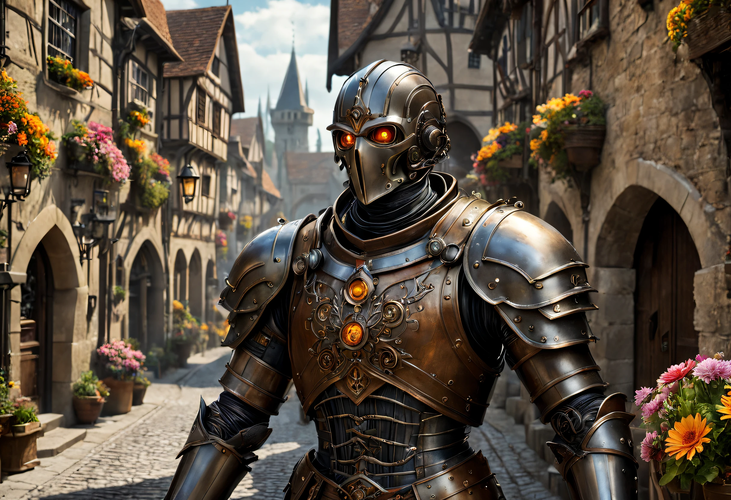(best quality, 4k, 8k, high resolution, masterpiece: 1.2), ultra-detailed, (realistic, photorealistic, photorealistic: 1.37), close-up of a cyborg in a medieval village, metallic skin, glowing eyes, robotic limbs, meticulously facialized elaborate, cybernetic upgrades, steampunk aesthetics, ancient cobblestone streets, medieval architecture, iron gates, towering castles, misty sunlight, shadowy alleys, bustling market stalls, vibrant tapestries and banners, smoking chimneys, curved swords and shields, mead and beer in wooden cups, flower pots filled with colorful flowers, curious people in medieval outfits, enchanted atmosphere, rich color palette with warm earth tones, subtle streaks of light and lens flares, soft diffuse lighting, creating a feeling of mystery and intrigue