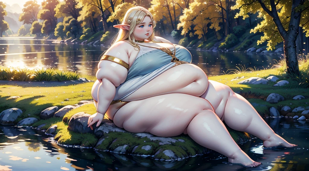 Rule_of_thirds, 1 girl, extremely obese, (obese belly):1.8, (obese legs):1.5, fat rolls, massive SSBBW body, massive hyperbelly, soft massive obese belly, cute chubby feminine face, pose, soft obese thighs, soft obese legs, soft obese breasts, soft obese arms, soft chubby hands, soft chubby feet, Serene expression, mesmerizing eyes, gorgeous supermodel face, straight long blonde hair, elegant ornate transparent dress, poised posture, porcelain elven skin, subtle blush, SFW, fat ripping through clothes, angelic,
BREAK
golden hour, (rim lighting):1.2, warm tones, sun flare, soft shadows, vibrant colors, painterly effect, dreamy atmosphere, heavenly, dynamic lighting,
BREAK
scenic river, distant trees, live oak ree, calm water, reflection, sunlit clouds, peaceful ambiance, idyllic sunset, ultra detailed, official art, unity 8k wallpaper, zentangle, mandala