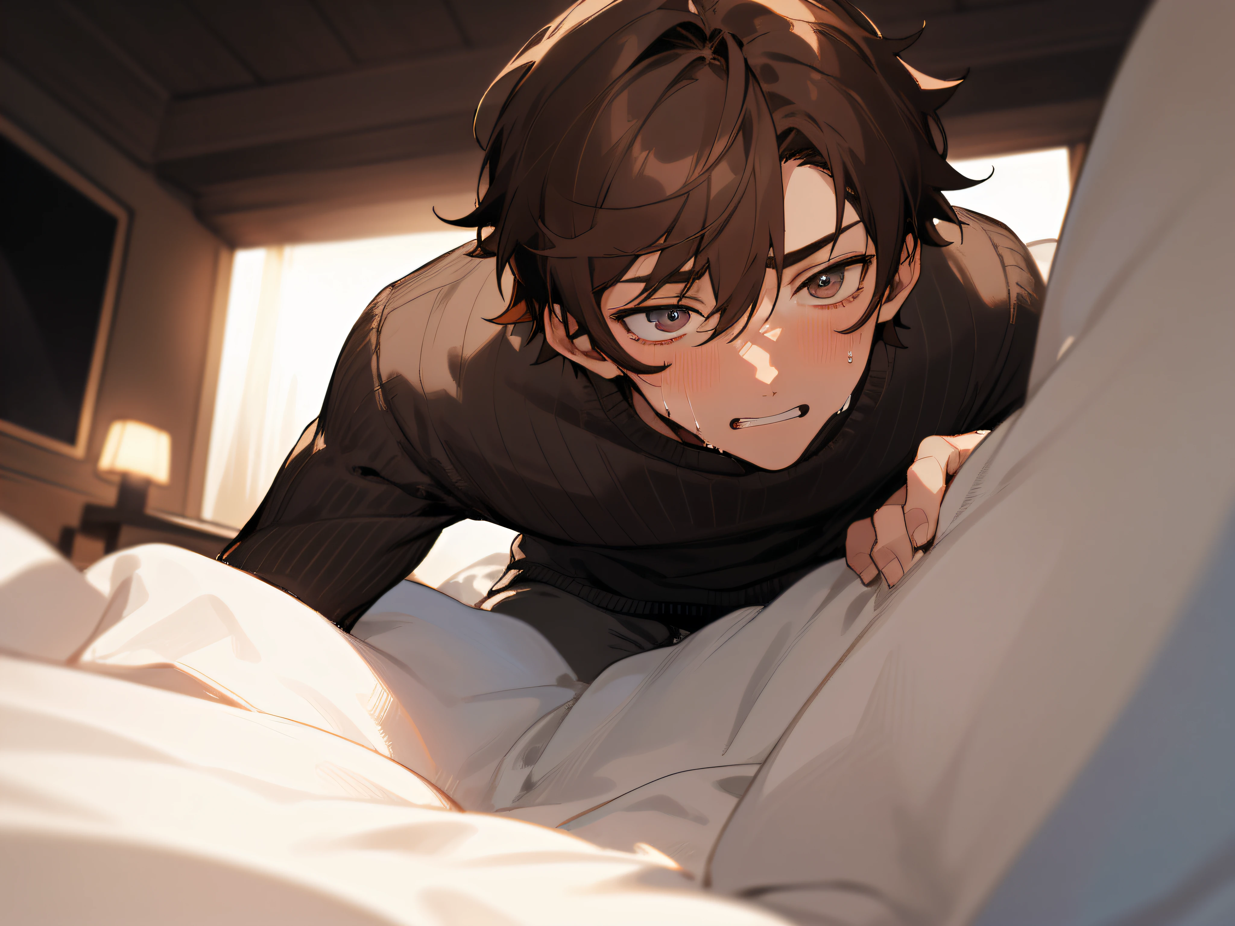 (close up),matured male,sharp nose,26 year old,1 male,Guy,Adults,Angle from below,Push your audience down,Brown hair、Black sweater,eyes are brown,Sweating,Impatient expression,Background Hotel,a bed,
