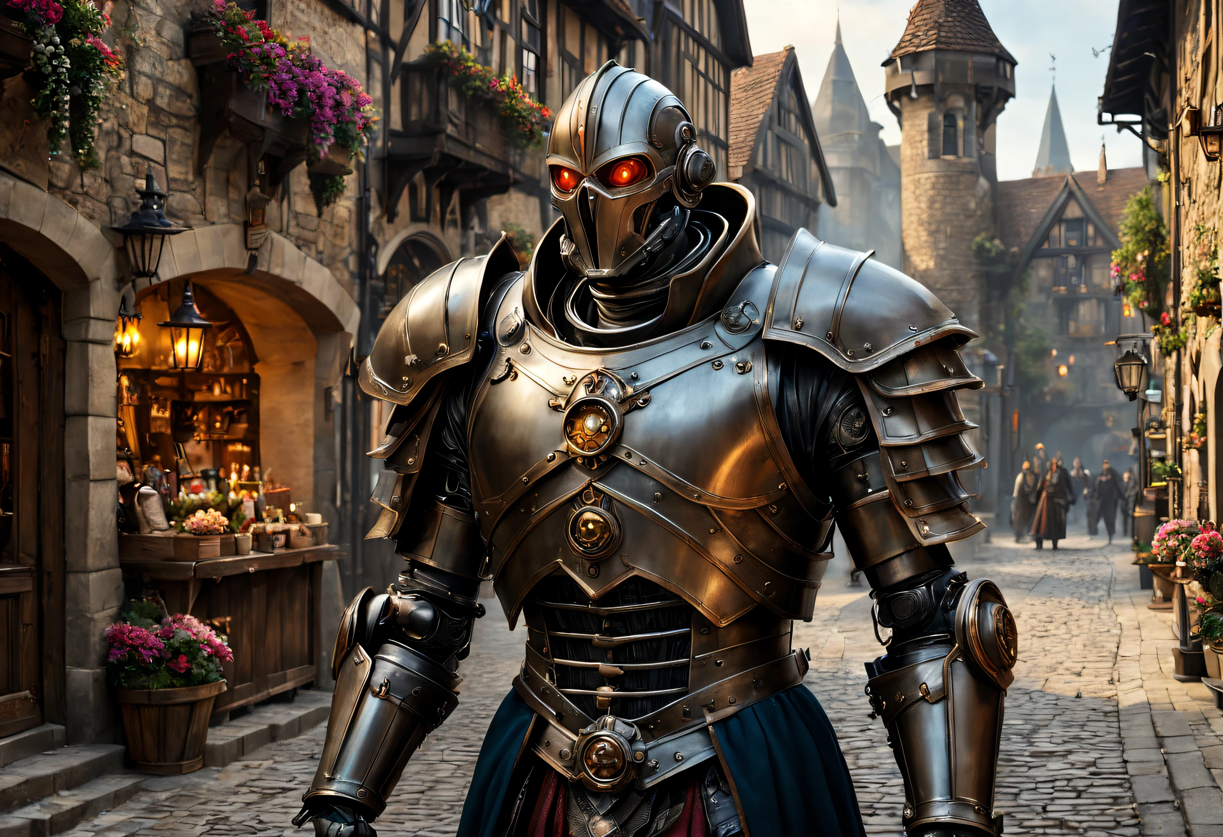 (best quality, 4k, 8k, high resolution, masterpiece: 1.2), ultra-detailed, (realistic, photorealistic, photorealistic: 1.37), close-up of a cyborg in a medieval village, metallic skin, glowing eyes, robotic limbs, meticulously facialized elaborate, cybernetic upgrades, steampunk aesthetics, ancient cobblestone streets, medieval architecture, iron gates, towering castles, misty sunlight, shadowy alleys, bustling market stalls, vibrant tapestries and banners, smoking chimneys, curved swords and shields, mead and beer in wooden cups, flower pots filled with colorful flowers, curious people in medieval outfits, enchanted atmosphere, rich color palette with warm earth tones, subtle streaks of light and lens flares, soft diffuse lighting, creating a feeling of mystery and intrigue