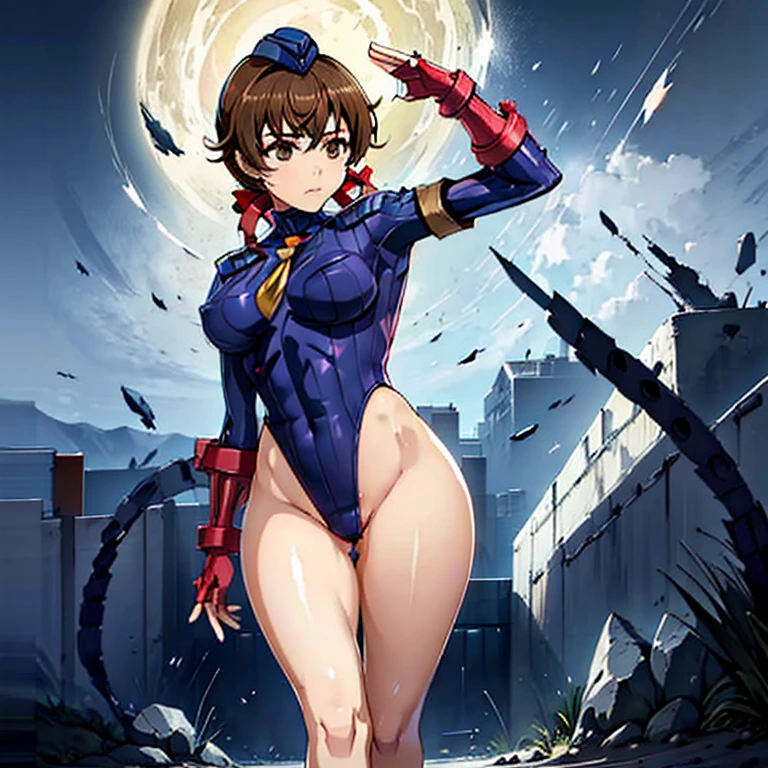 ultra-detailed, Explicit, Beautiful body, Beautiful Nose, Beautiful character design, perfect eyes, perfect face, ultra highres, 4K, beautiful legs, perfect legs, Nice hands, Perfect hand, Masterpiece, Best Quality, Highly detailed, illustration, absurdres, street fighter, doll suit, shadaloo doll, dollsuit, girls, multiple girls, expressionless, blank eyes, looking at viewer, red gloves, emotionless, black latex, corrution, mind control, female combatant, full body, hypnotized, unhappy trance, full body suit, ribbed bodysuit, both arms at side, stand up straight, obey, perfect female body, extremely glossy latex, hypnosis, hypnoLora, empty eyes, Mind control device, poses, submissive_pose, Slave, hat, necktie, stand up straight, standing, standing at attention, Slave, hat, necktie, belt, extending the right arm from the shoulder into the air with a straightened hand, nazi saluting, military, military saluting, salute, latex, ribbed bodysuit, wide hip, thicc, a curvy body, brown hair, gold eyes, Guilty Crown, Menjou Hare