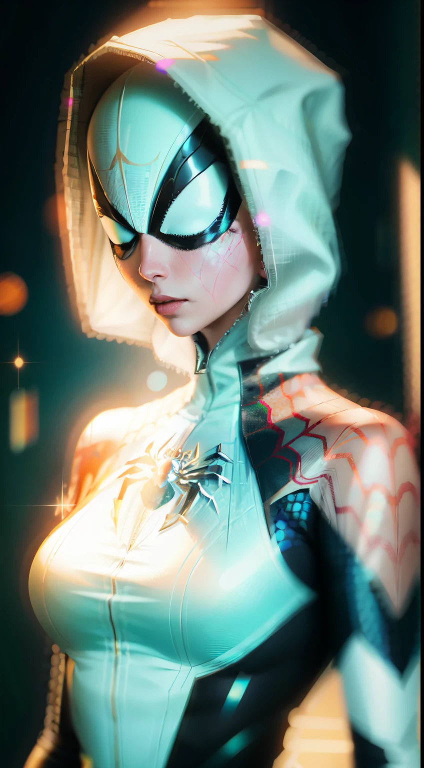 Spider Gwen in a black suit with a spider in the center of her chest in white, Organic-looking outfit, sticky forehead, symbiote, white eyes, visual art, PS5 cinematic screenshot,Highly detailed, detailed cinematic rendering, ultra photorealistic raytricing, with cinematic lighting