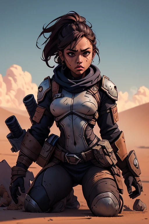 (((sfw, roupas rasgadas, pele escura))), (((sfw, scientific fiction, pele escura, desenho de linha, aquarela))), with first person view high definition character art, personagem negra, cabelo preto preso, caminhando totalmente nua por um deserto futurista, arte estilo jogo borderlands, Esta imagem de alta qualidade, renderizada em 8K Ultra HD, mostra detalhes intrincados da cena. obra-prima aprimorada digitalmente ou pintada com requinte, scientific fiction, postura ativa, estilo de quadrinhos, ((sfw post apocalyptic fashion))