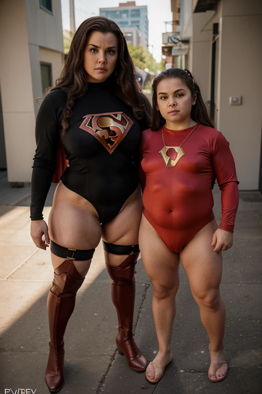 (mature, superheroine bbw , full body, spandex, perfect body), vs, david and goliath, (next door dwarf, dwarf,