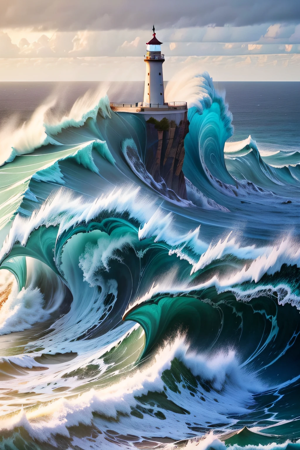 foto tomada desde un faro, (((puedes ver el faro))) y al fondo grandes olas, waves bigger than the lighthouse, Nazaré waves, olas rompiendo con mucha espuma, The sky is dark, rayos de tormenta en el fondo