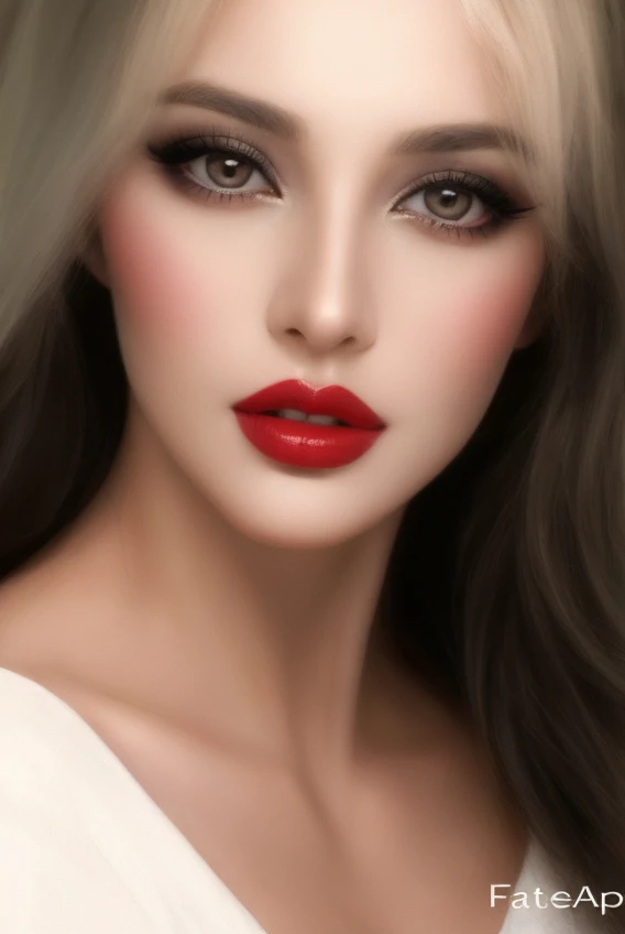 arafed woman with long hair and red lipstick posing for a picture, detailed face with red lips, light-red lips, wide golden eyes and red lips, red lips, faint red lips, sexy face with full makeup, sultry digital painting, beauty portrait, sexy red lips, big eyes and lips, photorealistic beautiful face, gorgeous face portrait