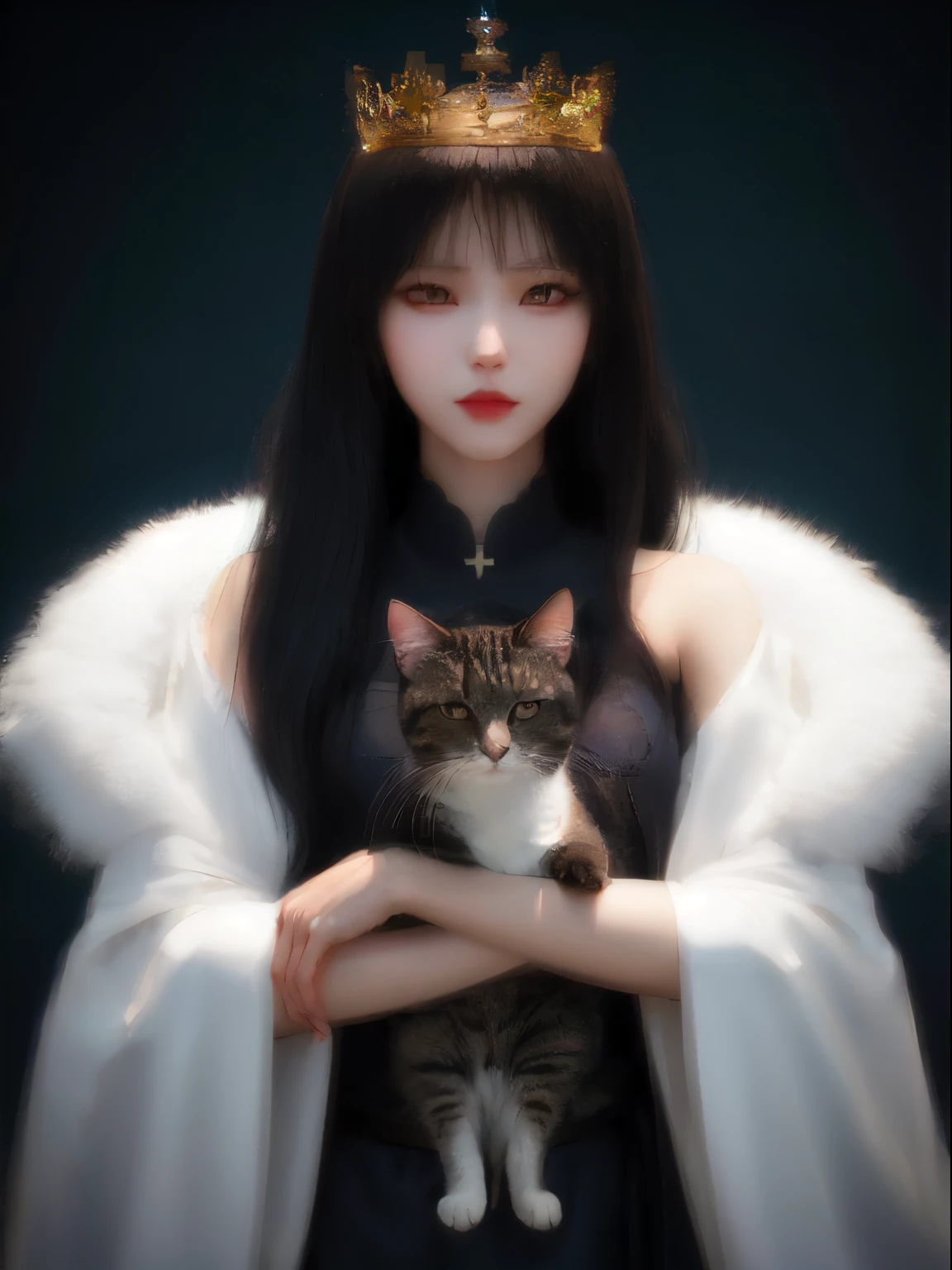 there is a woman in a robe, I hold a cat and wear a crown, artwork in the style of guweiz, queen and ruler of the universe, guweiz masterpiece, inspired by the Master of the legend of Saint Lucia, realistic anime 3 d style, trending on cgstation, guweiz on artstation pixiv, digital anime illustration, guweiz