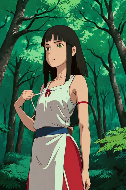 estilo ghibli, san \(mononoke hime\), 1人の女の子, brazalete, flequillo, cabello negro, camiseta negra, senos, capa, diadema, aretes, pintura facial, cabello flotante, bosque, capa de piel, ojos verdes, jewely, mirar al espectador, senos medianos, naturaleza, collar, aire libre, flequillo partido, camisa, cabello corto, sin mangas, camisa sin mangas, solo, collar de dientes, tree, parte superior del cuerpo, camisa blanca, ((masterpiece)),Princess Mononoke undressing in a forest