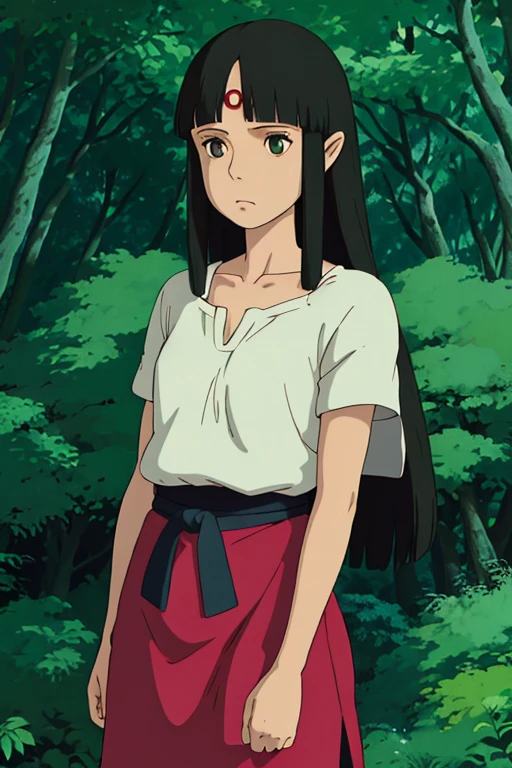 estilo ghibli, san \(mononoke hime\), 1人の女の子, brazalete, flequillo, cabello negro, camiseta negra, senos, capa, diadema, aretes, pintura facial, cabello flotante, bosque, capa de piel, ojos verdes, jewely, mirar al espectador, senos medianos, naturaleza, collar, aire libre, flequillo partido, camisa, cabello corto, sin mangas, camisa sin mangas, solo, collar de dientes, tree, parte superior del cuerpo, camisa blanca, ((masterpiece)),Princess Mononoke undressing in a forest