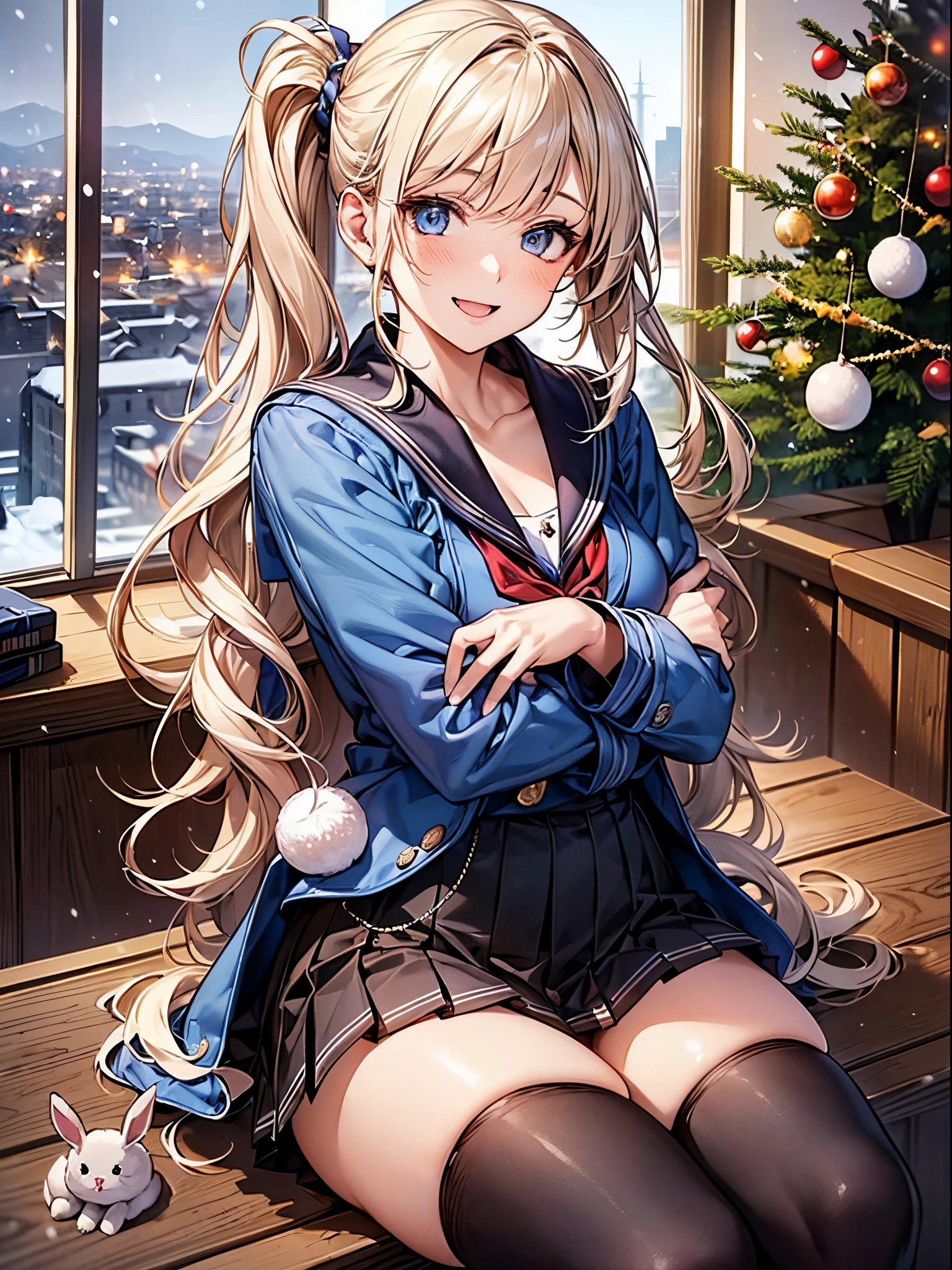 ((((perfect anatomy, super detailed skin)))), 1 girl, japanese, high school girl, shiny skin, large breasts:0.5, looking away, looking up, watching the view, from below,
beautiful hair, beautiful face, beautiful detailed eyes, (long hair:1.7, side ponytail:1.5), blond hair, blue eyes,
beautiful clavicle, beautiful body, beautiful chest, beautiful thigh, beautiful legs, babyface, mole under eye,
(((gray duffle coat), ((long sleeves)), all navy sailor suit, navy pleated skirt, navy sailor collar, red sailor scarf, thigh-highs, short boots), school bag, cross necklace), seductive thighs, ,
((smile:1.5, open your mouth wide)), sitting, (((hugging white cat, a lot of cats gather))),
(beautiful scenery), winter, midnight, hokkaido, sapporo, odori park, christmas, (christmas tree), illumination, tv tower, snow, snowfall:1.5, freezing weather, frost,
(8k, top-quality, masterpiece:1.2, extremely detailed), (photorealistic), beautiful illustration, cinematic lighting,