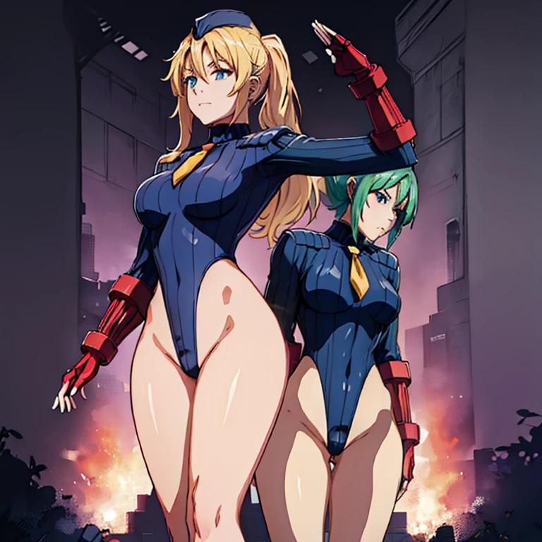 ultra-detailed, Explicit, Beautiful body, Beautiful Nose, Beautiful character design, perfect eyes, perfect face, ultra highres, 4K, beautiful legs, perfect legs, Nice hands, Perfect hand, Masterpiece, Best Quality, Highly detailed, illustration, absurdres, street fighter, doll suit, shadaloo doll, dollsuit, girls, multiple girls, expressionless, blank eyes, looking at viewer, red gloves, emotionless, black latex, corrution, mind control, female combatant, full body, hypnotized, unhappy trance, full body suit, ribbed bodysuit, both arms at side, stand up straight, obey, perfect female body, extremely glossy latex, hypnosis, hypnoLora, empty eyes, Mind control device, poses, submissive_pose, Slave, hat, necktie, stand up straight, standing, standing at attention, Slave, hat, necktie, belt, extending the right arm from the shoulder into the air with a straightened hand, nazi saluting, military, military saluting, salute, latex, ribbed bodysuit, wide hip, thicc, a curvy body, Evangeline Burton, Birdie Wing - Golf Girls Story, green eyes, blonde hair