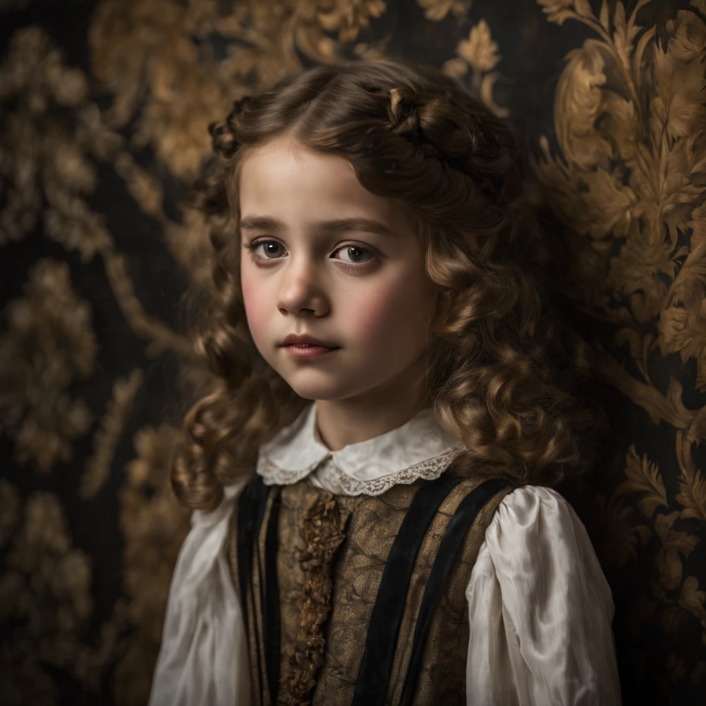 Extrememly realistic 6 year old girl tot in the style of edwardian beauty, layered textures and patterns, black mountain college, bloomsbury group, portraiture specialist, elegantly formal  (Rembrandt Lighting), zeiss lens, ultra realistic, (high detailed skin:1.2), 8k uhd, dslr, Dramatic Rim light, high quality, Fujifilm XT3 HDRI --ar 2:3