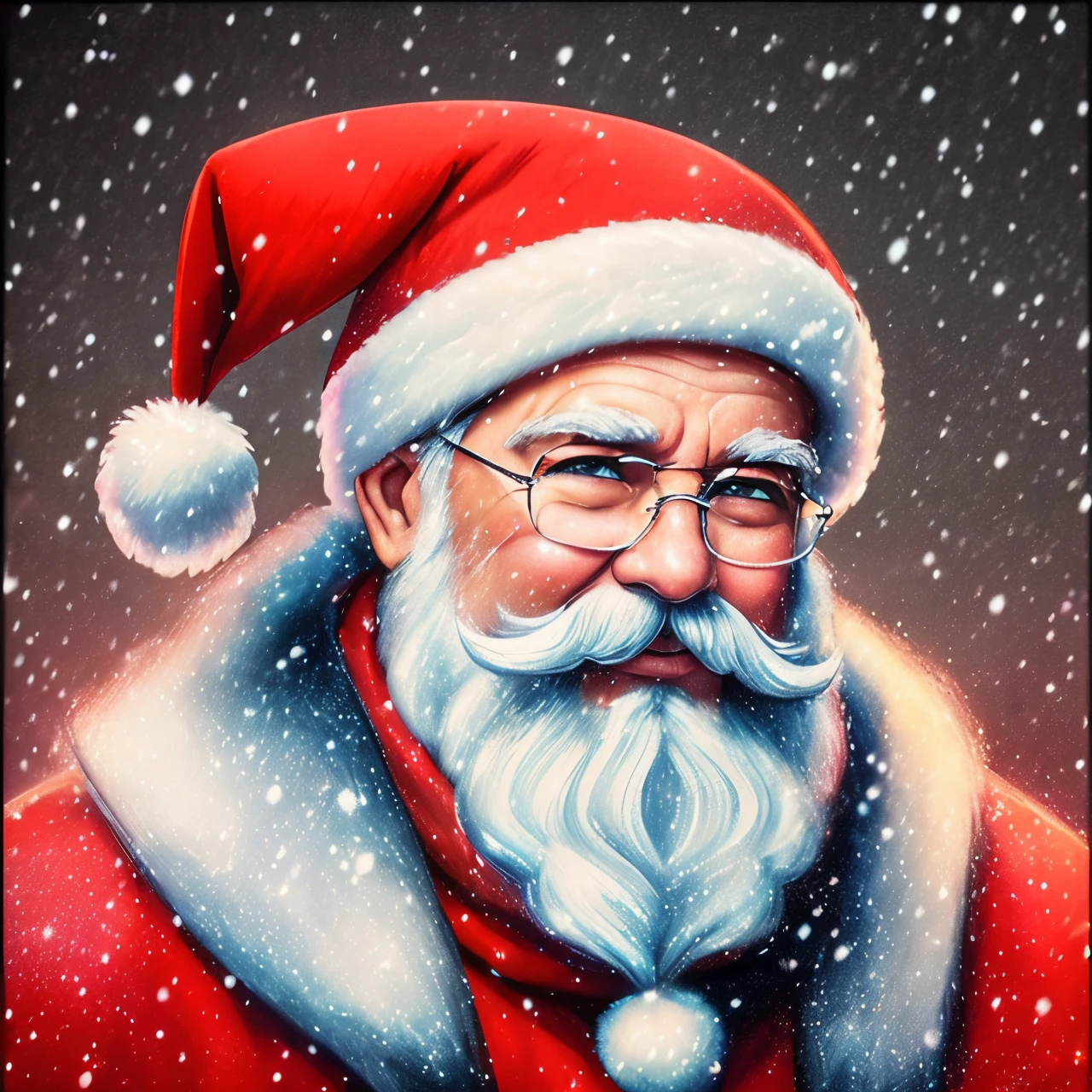 (La mejor calidad,12k,high resolusion,Ultra detallado,(realista,fotorrealista,fotorrealista:1.37)),retrato, santa claus, sin gafas, paisaje nevado, Copos de nieve detallados, Paisaje invernal, Luces brillantes, Neon accents, barba helada, cejas blancas, Red Hat, cheerful expression, mejillas rosadas, Nevadas suaves, Magical atmosphere