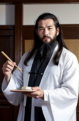 a Taoist priest,has a long beard，The right hand is holding a brush and writing
