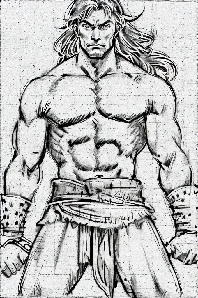 human old male, conan the barbarian, ((solo)), grayscale, monochrome, no background_with a pure white background, simple background, black and white art sketch