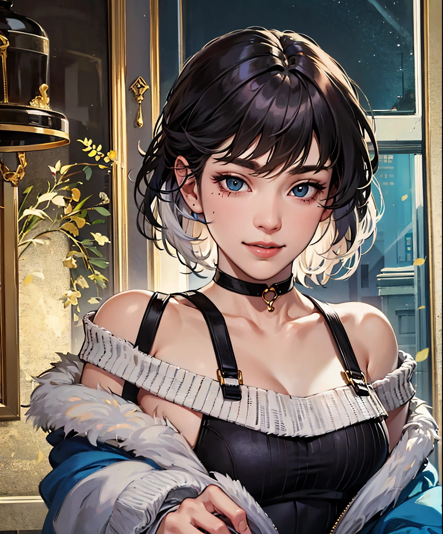 Top Quality, Masterpiece, extra high resolution, Photorealistic, 1 girl, off-shoulder, knit, Smile, Smile, Faint to see, oversized_sweater, soft-lighting, detailed skin, Bangs, black hair, Clear Eyes, short bob hair, Sheer-through, a handsome female, upper eyes, lipgloss, Black Thick Choker, teardrops, chest mole, highlights in the eyes --auto --s2