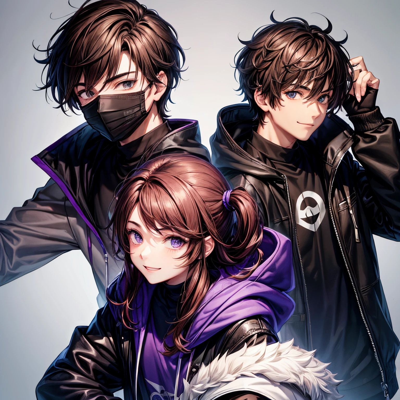 Create an animated male ager with a purple hoodie and brown hair with black sweats and a black mask with a smile on the mask