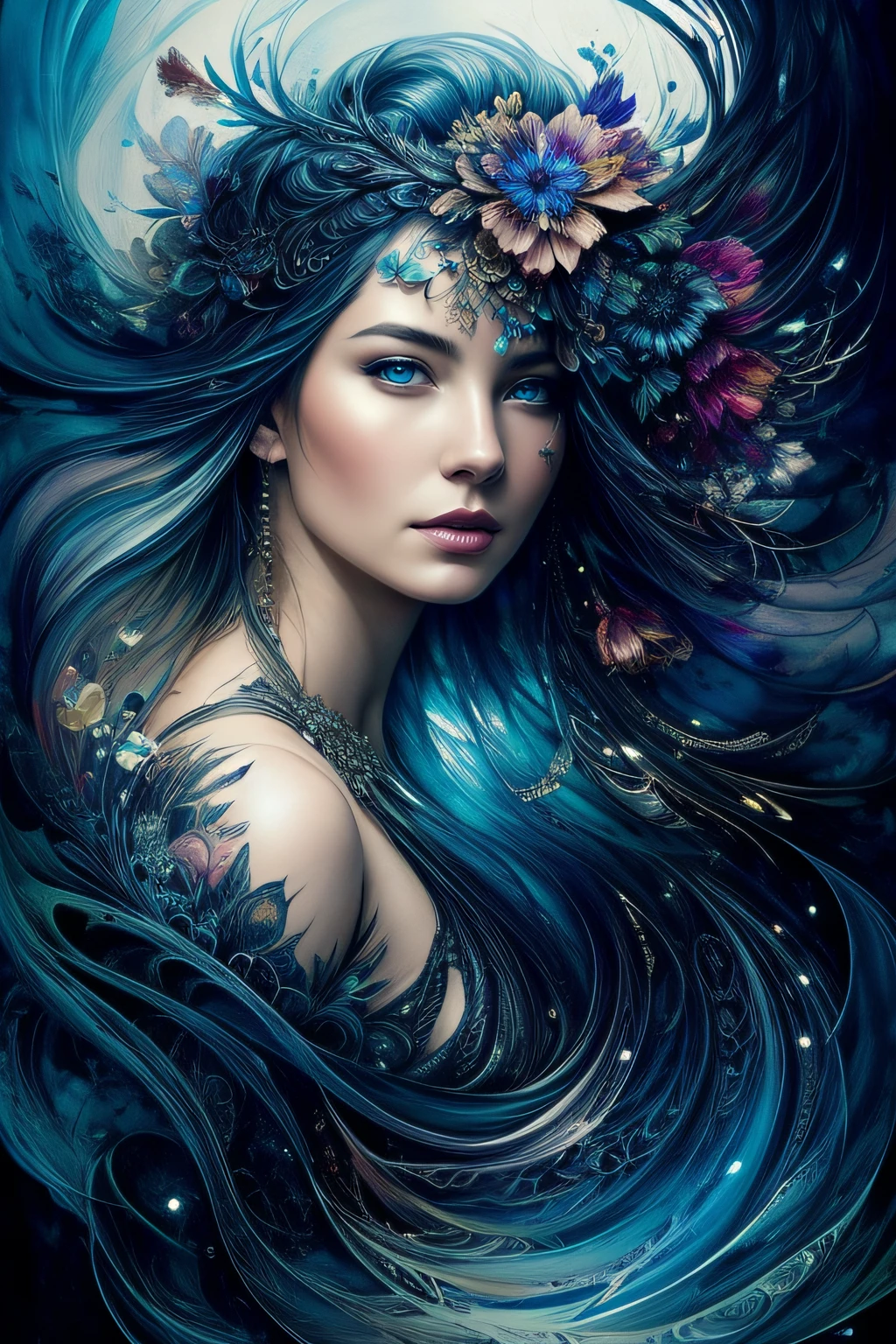 Colorful beautiful woman: Black ink flow: 8k resolution photorealistic masterpiece: by Aaron Horkey and Jeremy Mann: intricately detailed fluid gouache painting: by Jean Baptiste Mongue: calligraphy: acrylic: watercolor art, professional photography, natural lighting, volumetric lighting maximalist photoillustration: by marton bobzert: 8k resolution concept art intricately detailed, complex, elegant, expansive, fantastical, Dream Cather,