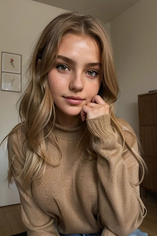 1Girl 18 years old, nur, Lange Haare, midsize boobs, Blick auf den Betrachter, blondes Haar, nackte Schultern, braune Augen, Schmuck, full entire body, Halskette, schulterfrei, pullover, lips, realistisch, Nase, Flirten mit der Kamera